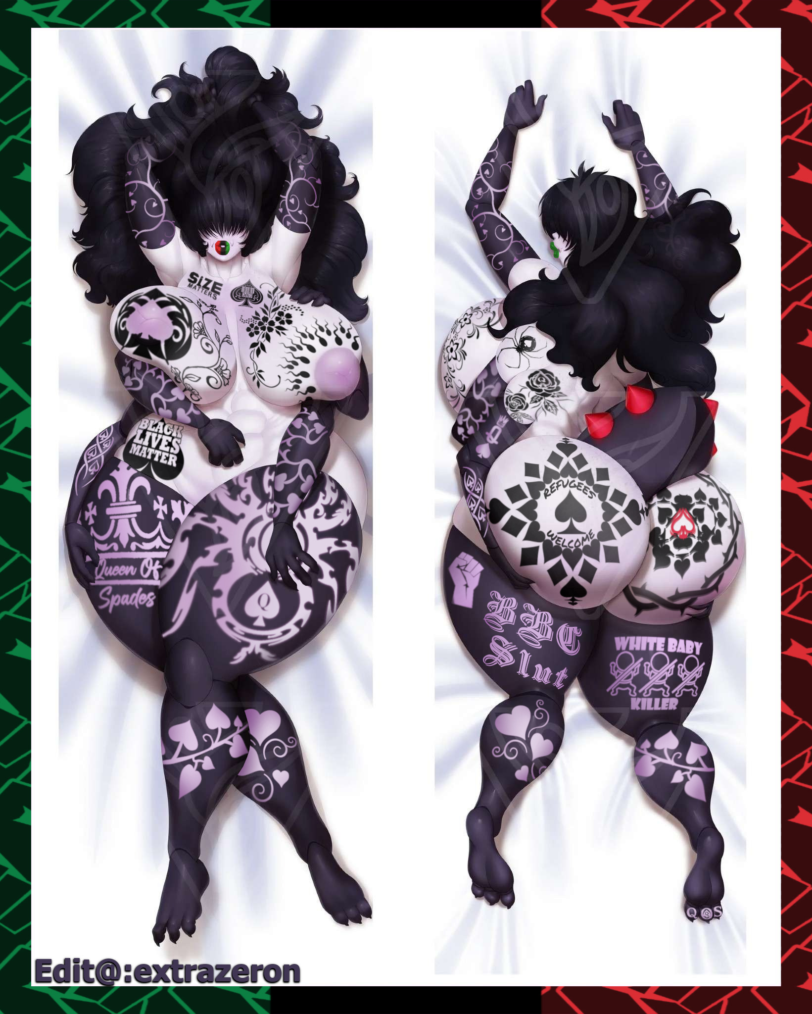 1girl, 2d, 6 arms, abs, bangs, bed, bed pose, bedroom, big ass, big ass (female), big ass cheeks, big boobs, big breasts, big butt, big butt (female), big butt cheeks, black hair, black hair female, black lives matter, blacked, blm tattoo, body pillow, edit, edited, gaz acantha, hair covering eyes, long hair, long hair female, monster, monster girl, multiple arms, muscles, muscular, muscular female, on bed, pan african colors, pan-african colors, pan-african flag, qos, qos tattoo, queen of spades, refugees welcome, spade tattoo, sperm circle, sperm circle tattoo, spider, spider girl, spider humanoid, spider tattoo, tattoo, tattoo everywhere, tattoo on arm, tattoo on belly, tattoo on breast, tattoo on butt, tattoo on chest, tattoo on legs, tattooed arm, tattoos, tattoos everywhere, virtual youtuber, vtuber