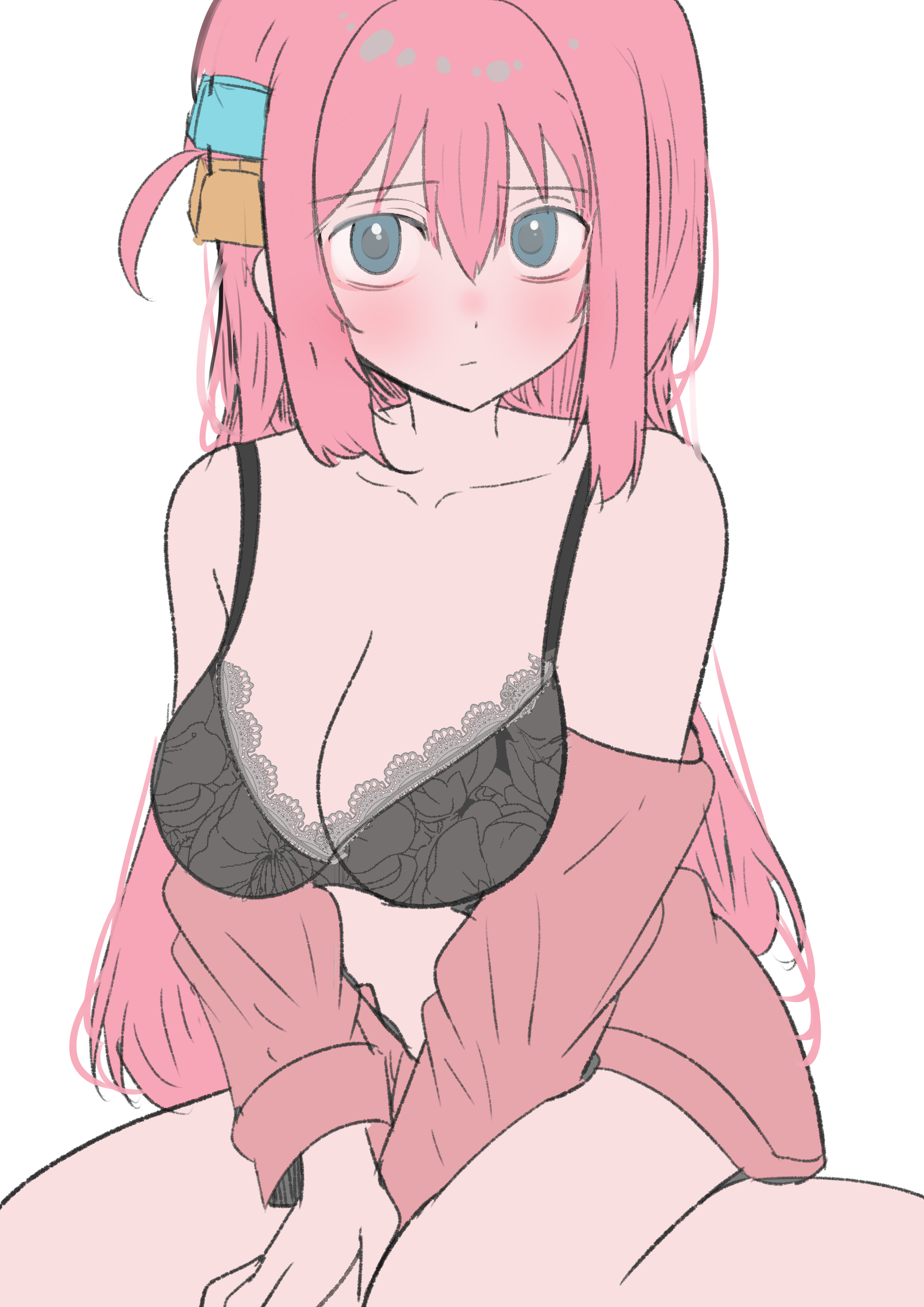 :|, arms between legs, bocchi the rock!, cleavage, flat colors, gotou hitori, large breasts, looking at viewer, shy, wariza