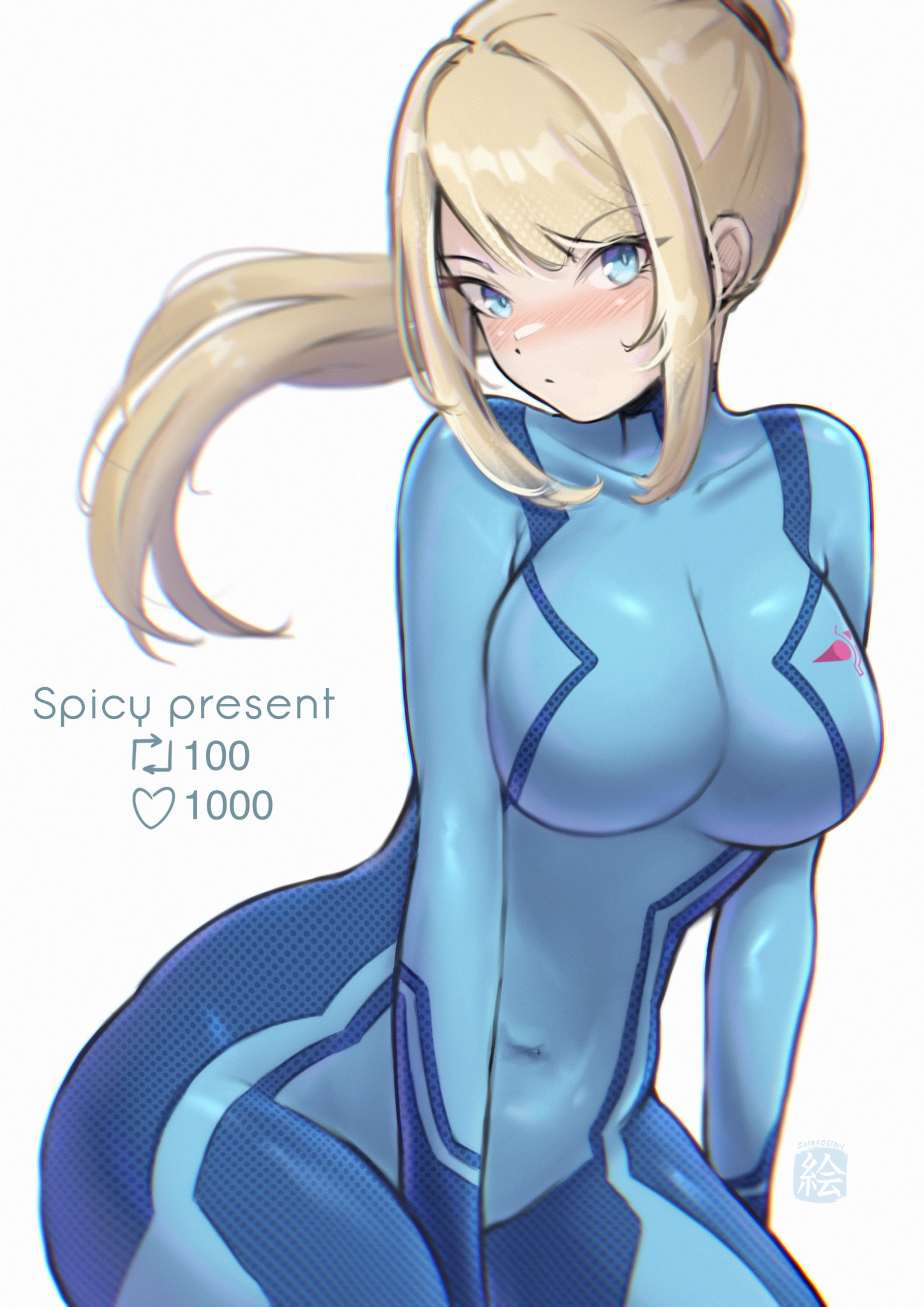 1girl, 1girls, big breasts, blonde hair, blue bodysuit, blue eyes, blush, blush lines, blushing, bodysuit, breasts, chascoby, collarbone, commentary, covered navel, cowboy shot, english commentary, female, female only, hair up, high ponytail, highres, large breasts, like and retweet, long hair, looking at viewer, metroid, navel visible through clothes, nintendo, ponytail, samus aran, shiny clothes, sidelocks, simple background, solo, tight clothing, twitter strip game, white background, zero suit, zero suit samus