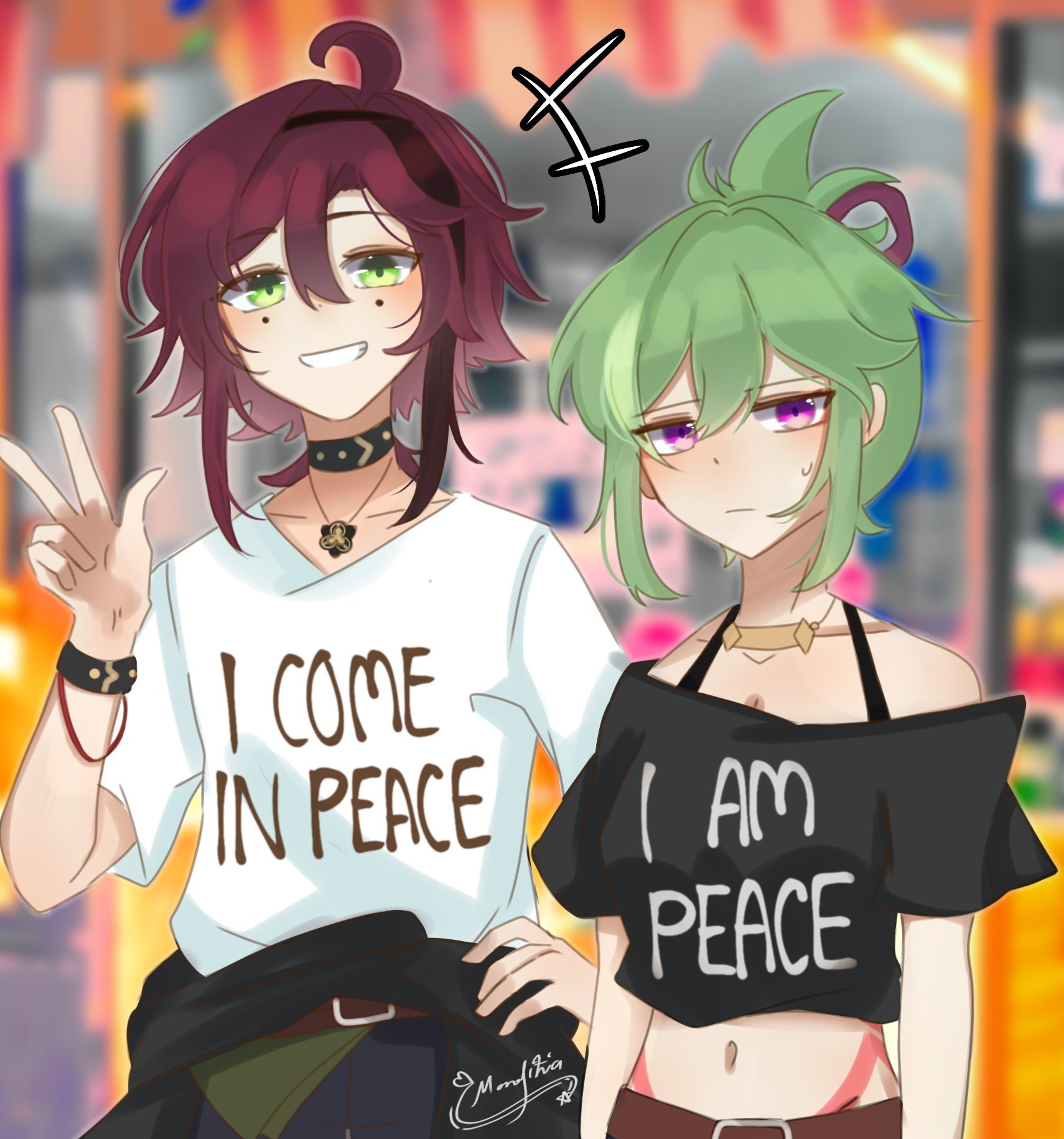1boy, 1girls, crop top, english text, female, funny, genshin impact, green eyes, green hair, happy, happy male, humor, i come in peace, innuendo, joke, kuki shinobu, male, male/female, meme, meme attire, peace sign, red hair, sexual humor, shikanoin heizou, smile, smiling, smiling at viewer, straight, suggestive, suggestive text, sweatdrop, text on clothing, text on shirt, unamused, wordplay, writing on clothes