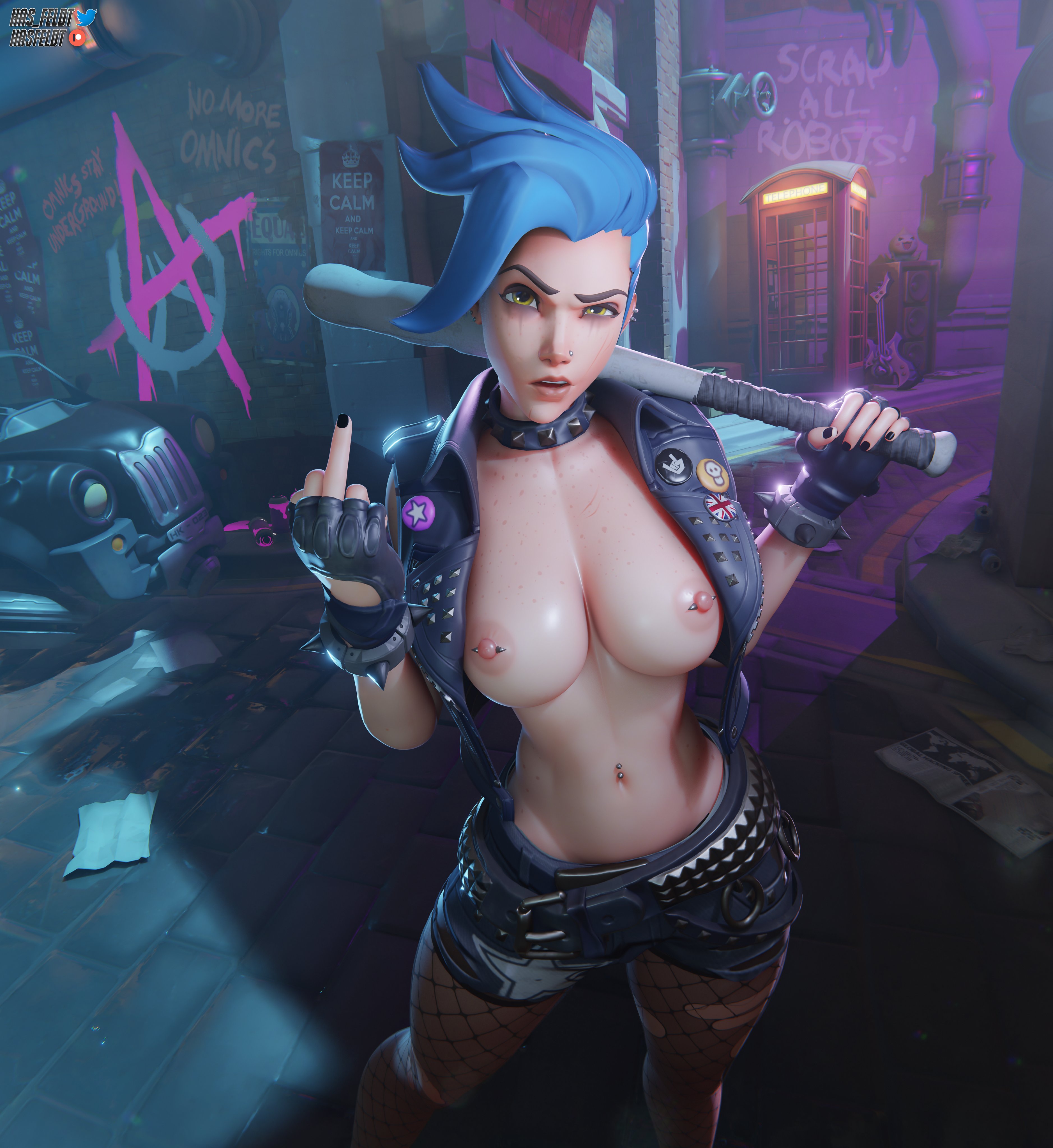 1girls, 3d, blue hair, breasts, breasts out, female, female only, female torso, flipping off, flipping viewer off, hasfeldt, light skin, light-skinned female, looking at viewer, nipples, overwatch, pierced nipples, piercing, short hair, solo, solo female, solo focus, tits out, tracer