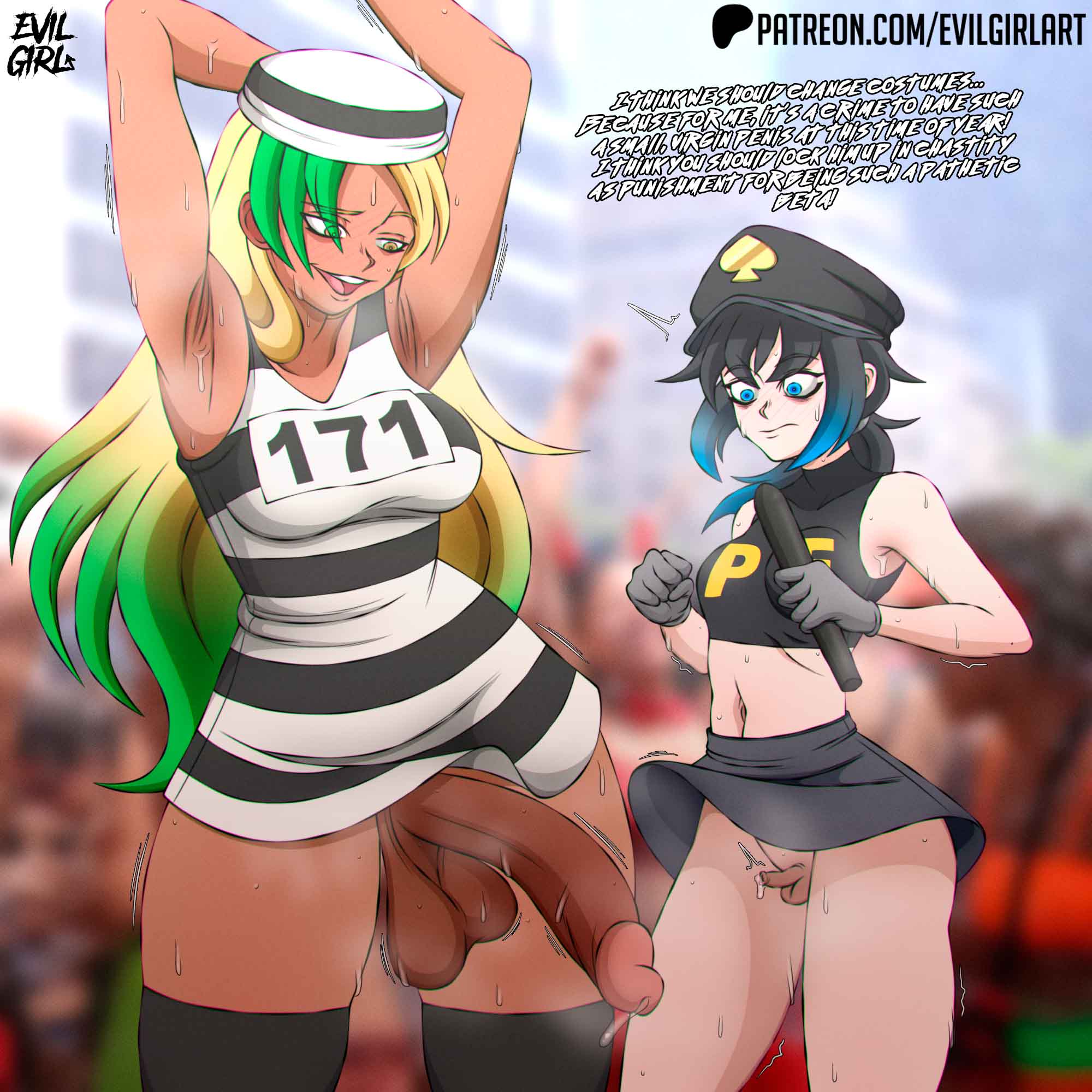 2futas, areolae, balls, big areola, big balls, big breasts, big cock, big nipples, big penis, big testicles, breasts, censored, clothed, clothing, cock, dark-skinned futa, dick, dickgirl, erect penis, erection, evilgirl, futa on futa, futanari, intersex, light-skinned futanari, long hair, long penis, multicolored hair, penis, scrotum, short hair, small penis, small penis humiliation, sph, testicles, urethra, veiny penis
