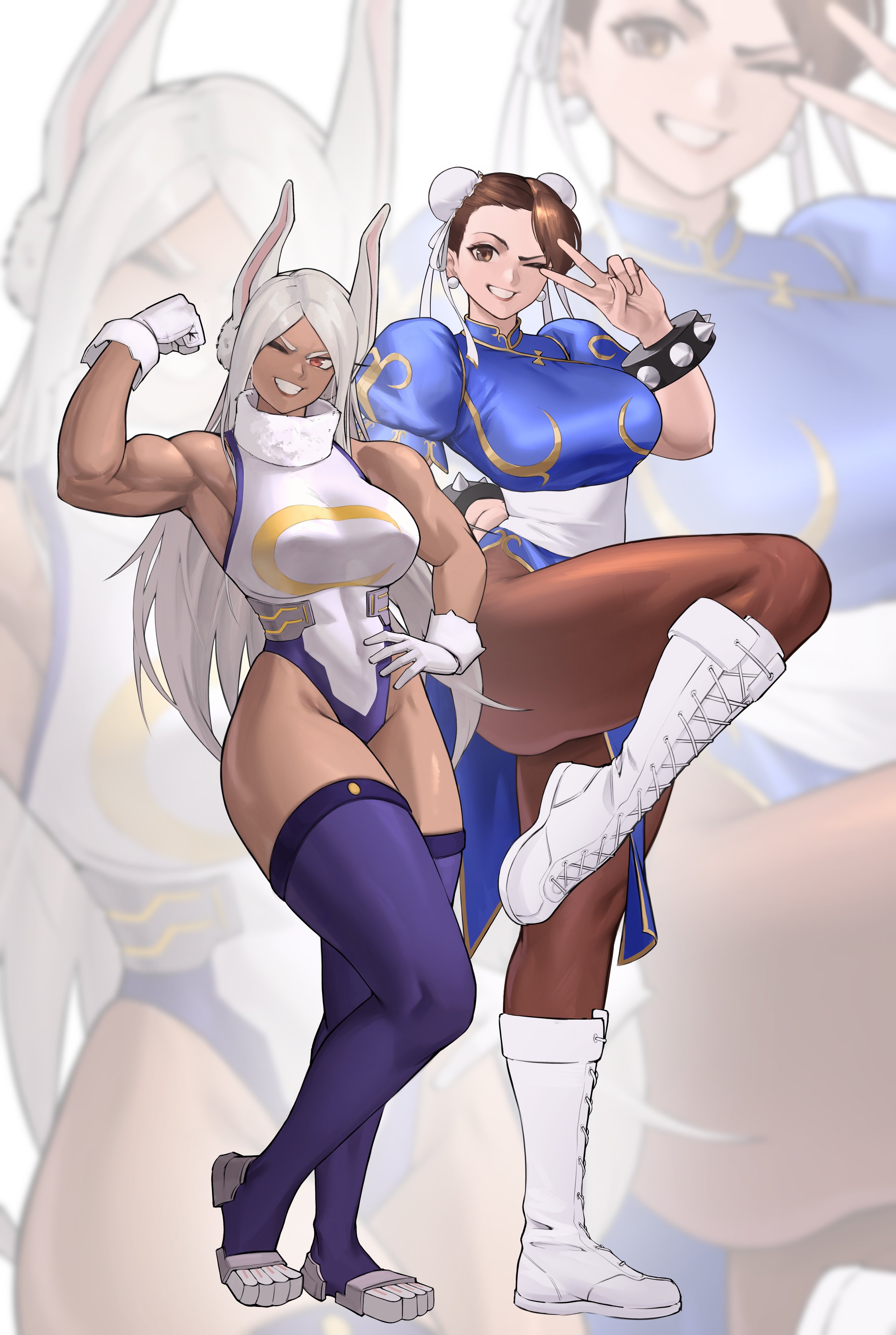 ;d, 2026, 2d, 2d (artwork), 2girls, absurdres, animal ears, armpits, bare shoulders, biceps, birthday, birthday connection, blue dress, boku no hero academia, boots, bracelet, breasts, brown eyes, brown hair, brown pantyhose, china dress, chinese clothes, chun-li, commentary, contrapposto, covered abs, covered navel, crescent print, criss-cross strings, dark skin, dark-skinned female, double bun, dress, earrings, english commentary, female, female focus, female only, flexing, fur collar, gloves, grin, hair bun, hand on own hip, heroines, highleg, highleg leotard, highres, jewelry, knee up, large breasts, leotard, long eyelashes, long hair, looking at viewer, mirko, miruko, multiple girls, my hero academia, one eye closed, open mouth, pantyhose, parted bangs, pelvic curtain, puffy short sleeves, puffy sleeves, purple thighhighs, rabbit ears, rabbit girl, red eyes, sash, sfw, short hair, short sleeves, smile, spiked bracelet, spikes, standing, standing on one leg, street fighter, street fighter ii, stud earrings, taut leotard, thick thighs, thighhighs, thighs, toned, toned female, v, very long hair, white boots, white gloves, white hair, white leotard, white sash, wink, zoom layer, zukululuu