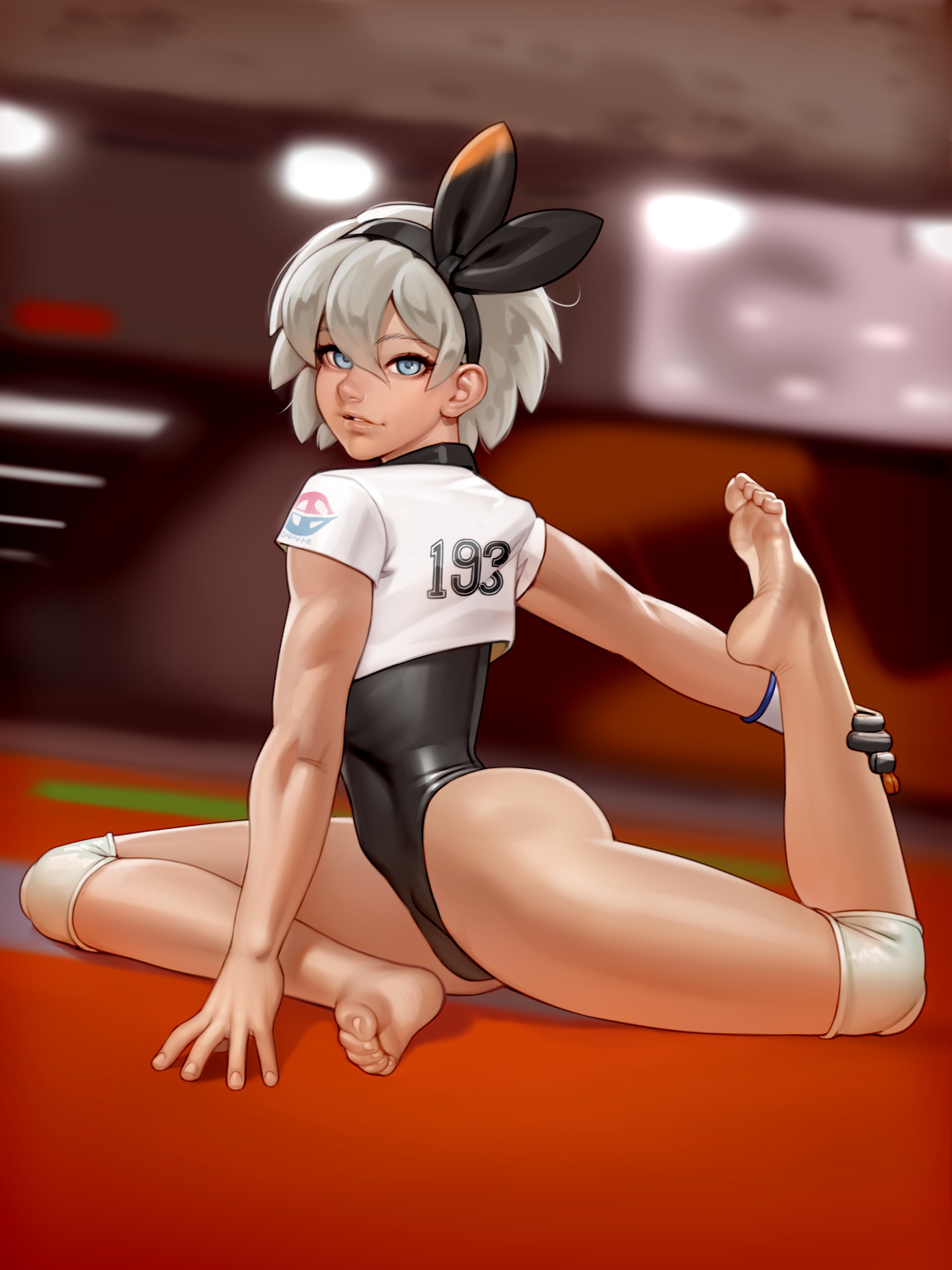 1girls, 2d, 2d (artwork), abs, absurdres, ass, athletic, barefoot, bea (pokemon), blue eyes, feet, female, female only, highres, kairuhentai, kairunoburogu, leotard, light skin, light-skinned female, looking at viewer, nintendo, pokemon, pokemon ss, short hair, soles, solo, sportswear, stretching, thighs, toes