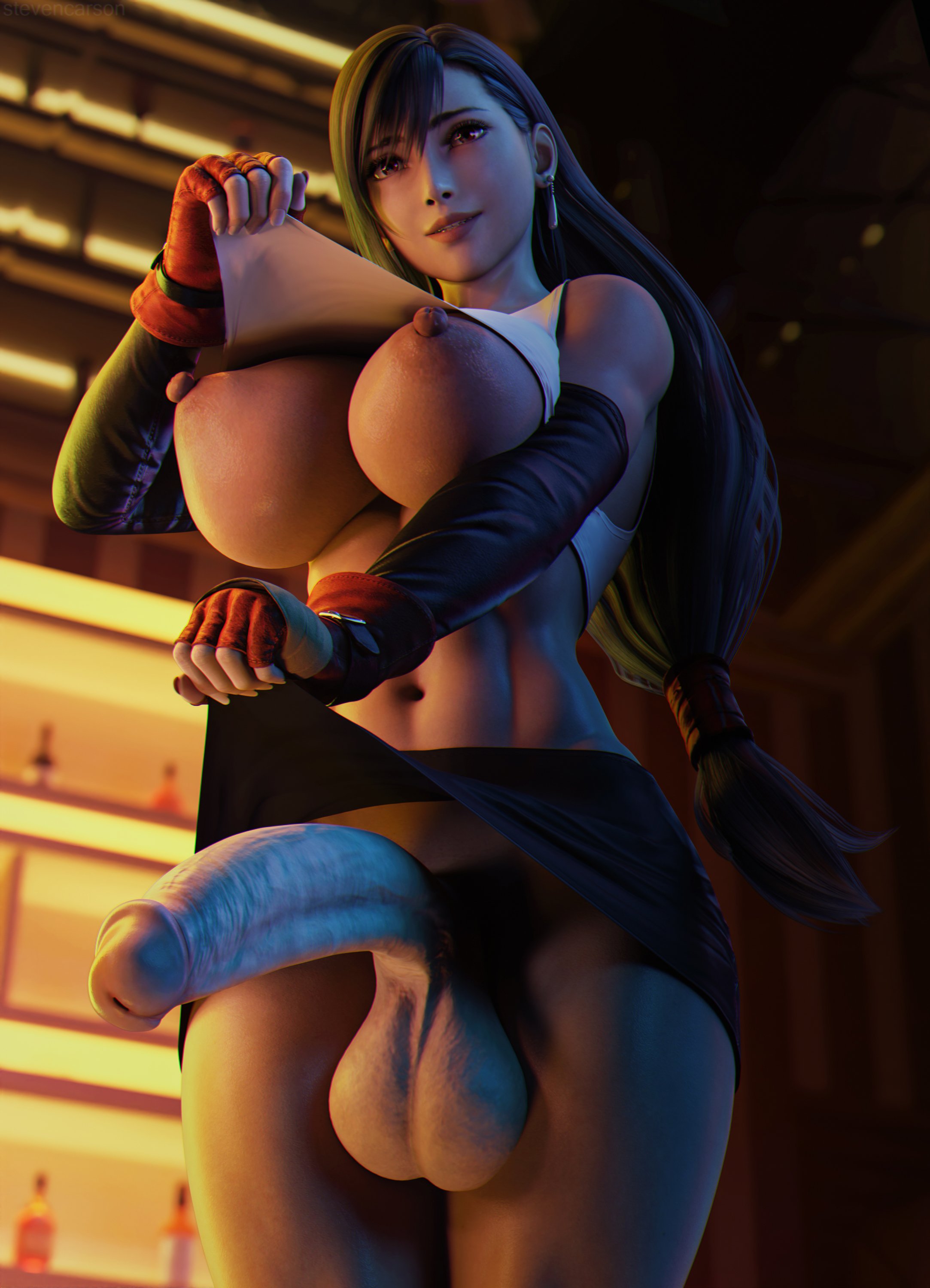 1futa, 3d, absurdres, areolae, balls, balls under clothes, bottomless skirt, breasts, curvy, dissidia, dissidia final fantasy, erect nipples, erection under clothes, erection under skirt, final fantasy, final fantasy vii, functionally nude, futa only, futanari, half-erect, highres, huge balls, huge breasts, huge cock, huge penis, intersex, muscular, muscular futa, nipples, penis, penis out, penis towards viewer, penis under clothes, penis under skirt, presenting, presenting penis, shirt lift, skirt, skirt lift, solo, solo futa, standing, stevencarson, tank top, tank top lift, testicles, tifa lockhart, wide hips