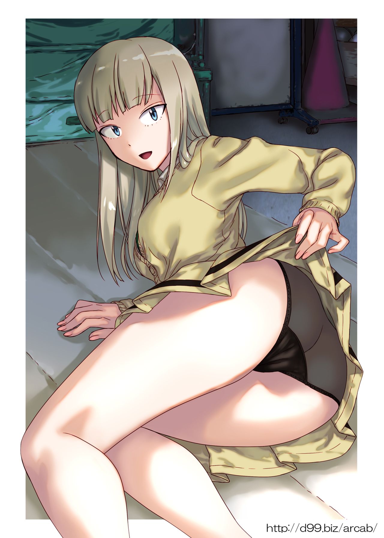 1girls :d ass bangs black_panties blonde blonde_hair blue_eyes breasts clothes_lift clothing commentary_request fully_clothed gym_storeroom hechi katou_asuka legs lifted_by_self long_hair looking_at_viewer lying mat on_side open_mouth panties pantyshot pleated_skirt school_uniform single_stripe skirt skirt_lift smile solo sweater thighs underwear watashi_ga_motenai_no_wa_dou_kangaetemo_omaera_ga_warui! watermark web_address yellow_skirt