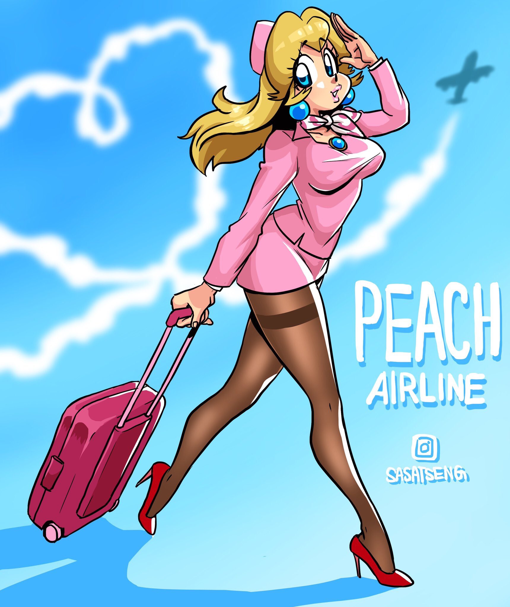 1girls, ass, big breasts, blonde hair, blue background, blue eyes, breasts, clothed, clothing, female, female only, flight attendant, full body, hat, high heels, long hair, luggage, mario (series), miniskirt, nintendo, pantyhose, pencil skirt, pink clothing, princess peach, sasatseng, simple background, skirt, solo, standing, stewardess, stewardess uniform, thighband pantyhose, tight clothing