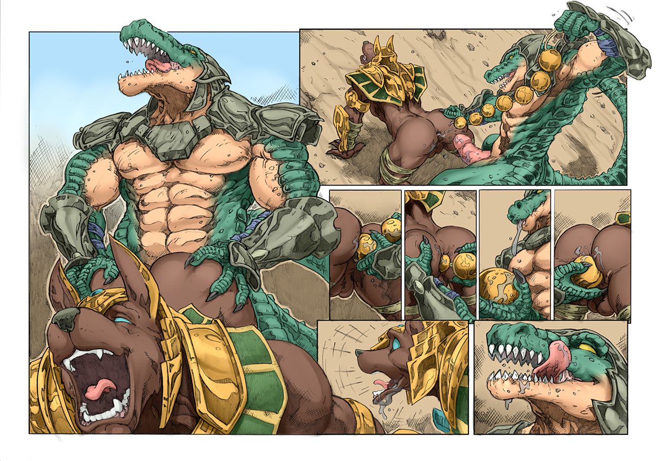 abs all_fours anal anal_beads anal_sex anubian_jackal armor ass balls biceps big_muscles black_nose blue_eyes bodily_fluids bottomless brown_fur bueno canid canine canis circumcised claws clothed clothing comic crocodile crocodilian crocodylid duo erection fucked_silly fur genital_fluids green_scales headgear helmet humanoid_penis incest internal jackal league_of_legends looking_pleasured male male/male male_penetrated male_penetrating mammal muscular muscular_male nasus nexus on_ground partially_clothed pecs penetration penis renekton reptile riot_games saliva sand scales scalie sex_toy toying_partner video_games