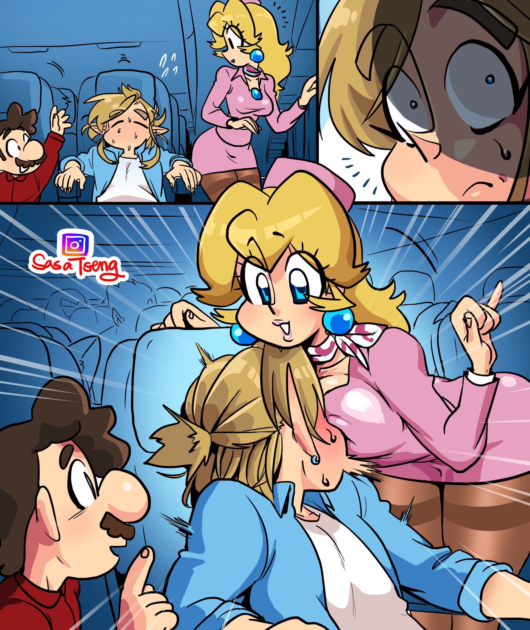 1girls, 2boys, big breasts, blonde hair, blue eyes, breasts, breath of the wild, clothed, clothing, comic, crossover, cuckold, earrings, face in breasts, female, flight attendant, hat, human, indoors, link, link (breath of the wild), long hair, male, mario, mario (series), miniskirt, multiple boys, multiple males, nintendo, pantyhose, pencil skirt, pink clothing, plane, princess peach, sasatseng, short skirt, sitting, skirt, standing, stewardess, stewardess uniform, the legend of zelda, thighband pantyhose, tight clothing