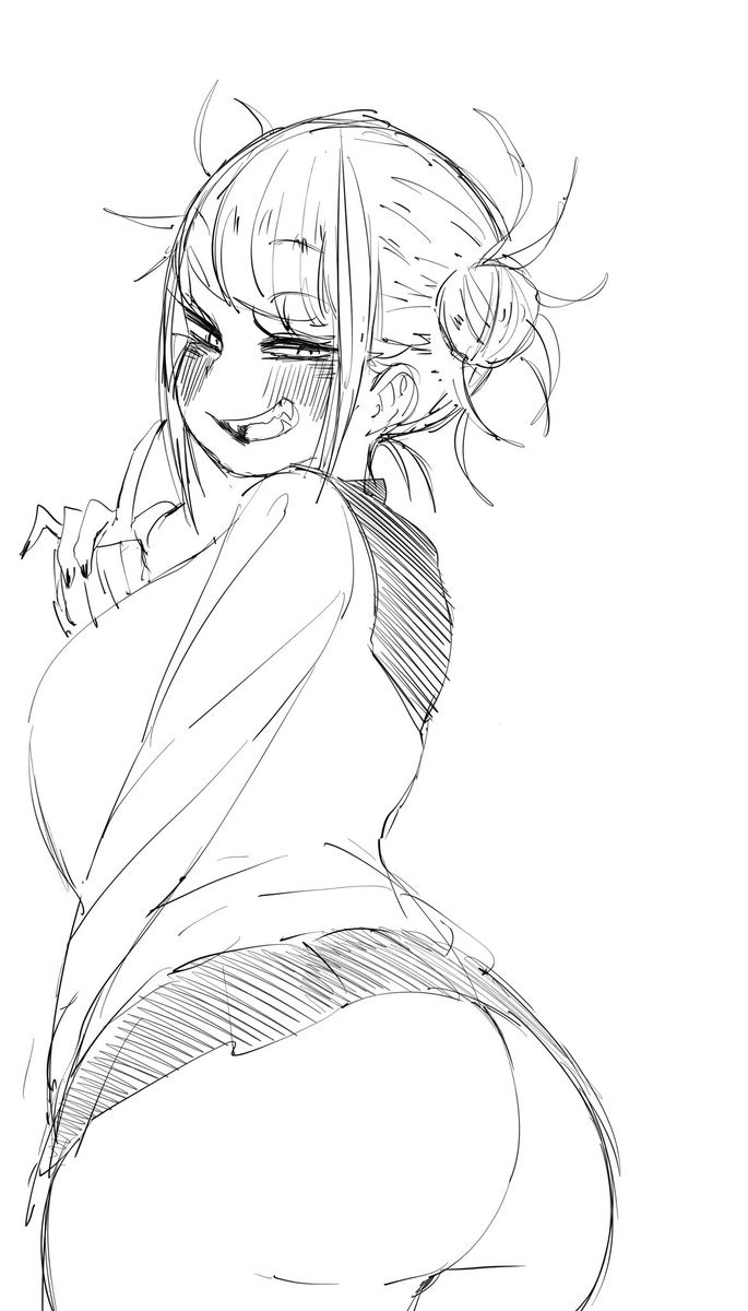 1girls alternate_breast_size ass big_ass big_breasts blush breasts clothed coffing_(artist) double_bun eye_contact female female_only half-closed_eyes himiko_toga human large_breasts looking_at_viewer looking_back monochrome my_hero_academia no_panties presenting_hindquarters sharp_teeth shirt short_hair sideboob sketch skirt smile teeth thick_thighs white_background wide_hips