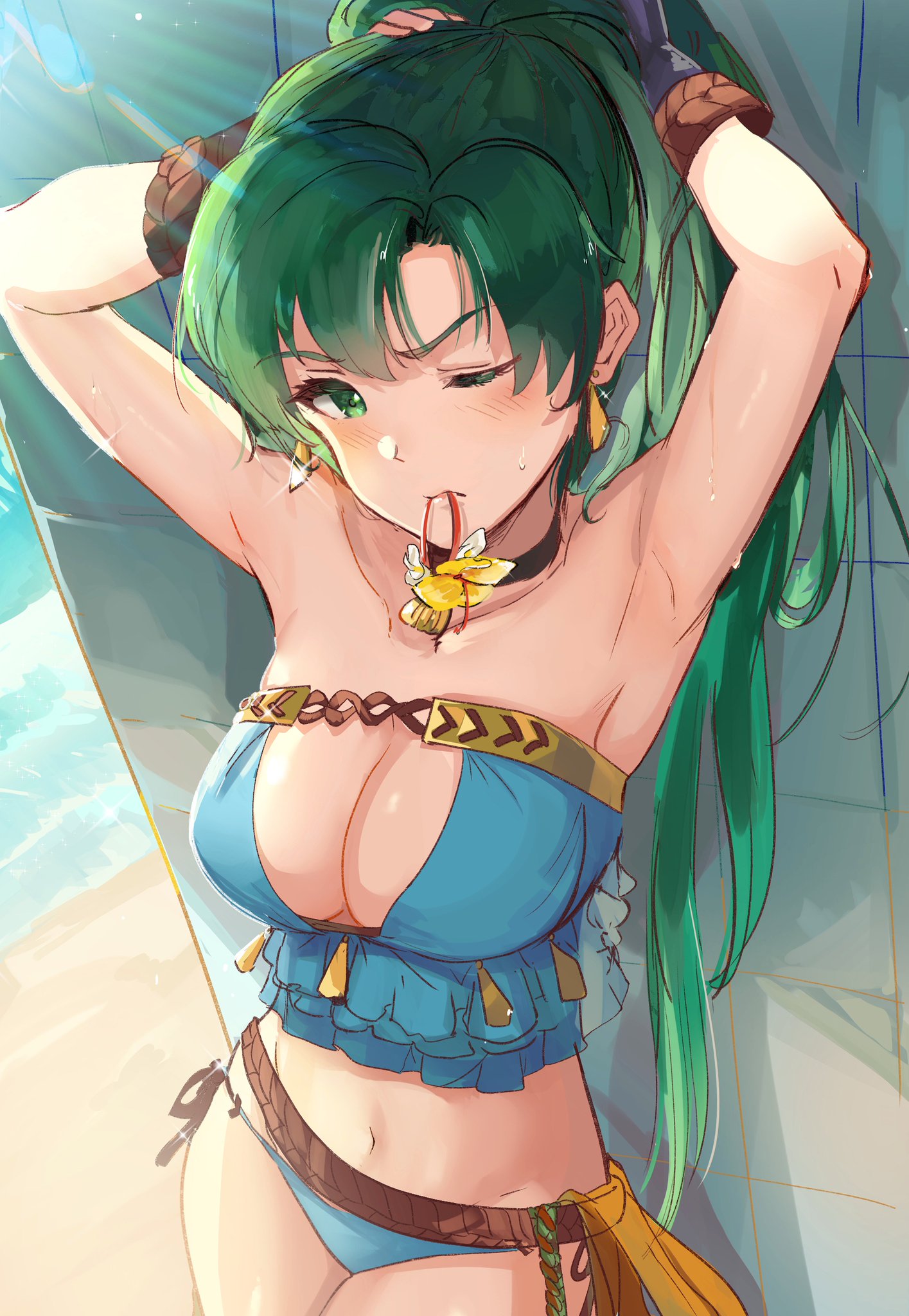 against wall, bare shoulders, bikini, breasts, female, fire emblem, fire emblem heroes, fire emblem: the blazing blade, fixing hair, green hair, hairtie, large breasts, lyn (fire emblem), ormille, ponytail