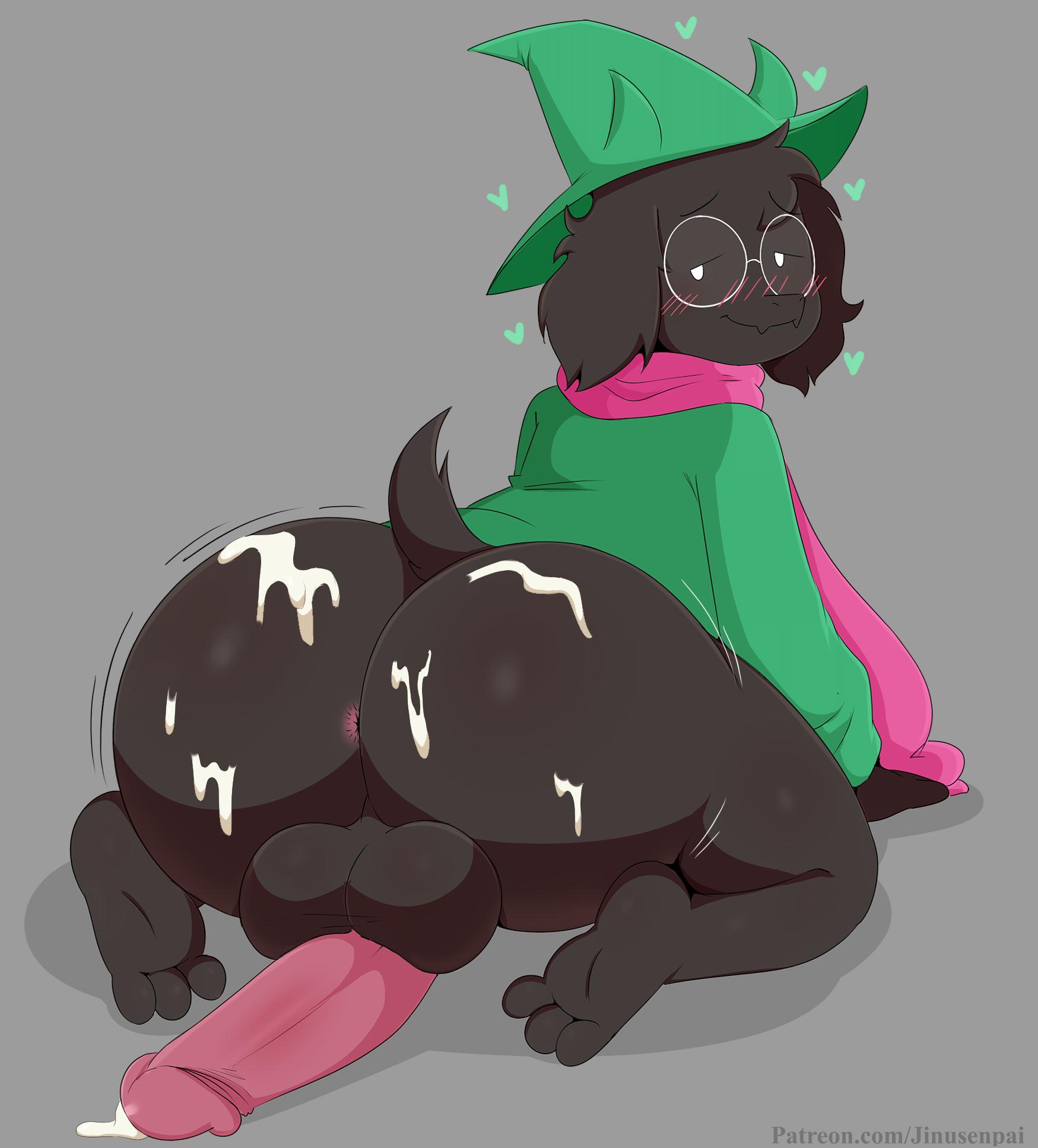 1boy, 2019, 2d, 3 toes, anthro, anthro male, anthro only, anus, ass, balls, barefoot, big ass, big balls, big penis, black fur, blush, bottomless, bubble ass, bubble butt, caprine, clothing, cock-tail, cum, cum on ass, cute, deltarune, eyebrows, eyebrows visible through hair, eyewear, fangs, feet, femboy, fur, furry, furry male, furry only, gay, girly, glasses, goat, grey background, hat, heart, horns, huge ass, huge butt, huge penis, humanoid, humanoid male, humanoid only, jinu, long ears, long sleeves, looking at viewer, looking back, male, male only, mammal, mob face, no humans, non-human, non-human only, penis, presenting, presenting hindquarters, presenting penis, ralsei, ralsei with black fur, simple background, smile, solo, tail, testicles, thick, thick ass, thick thighs, toes, undertale, undertale (series), url, video games, wide hips
