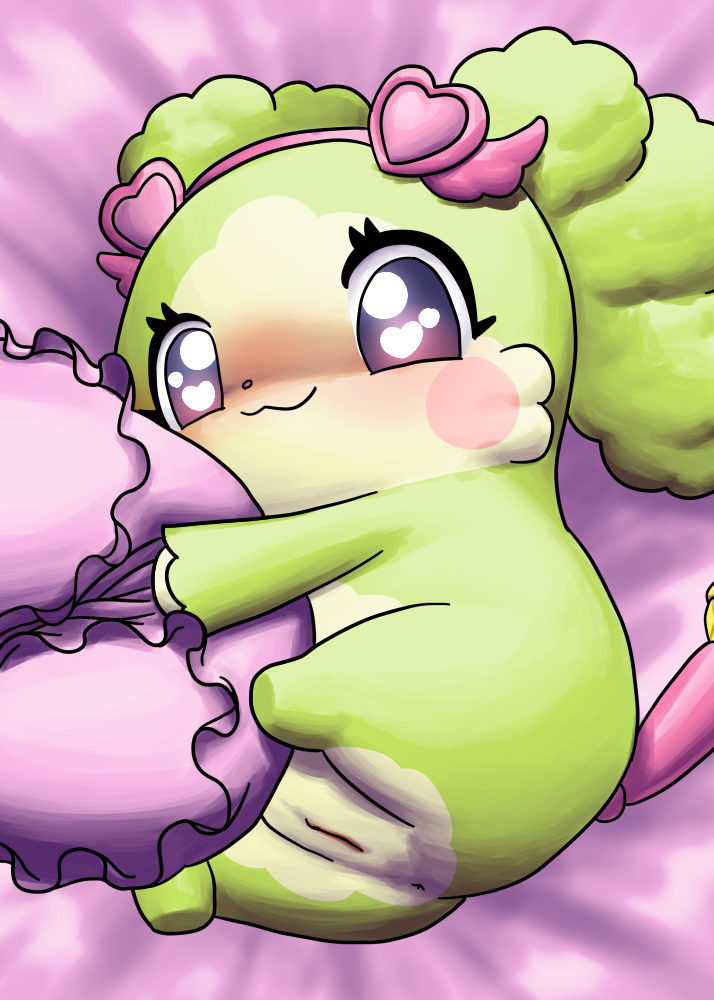 accessory alternate_version_at_source anthro anus bed_sheet bedding blush cocotama eyelashes female fur furry furry_only green_fur green_hair hair headband hirake!_cocotama looking_at_viewer lying main_(cocotama) mammal mostly_nude multicolored_fur pillow purple_eyes pussy solo tan_fur two_tone_fur 九尾