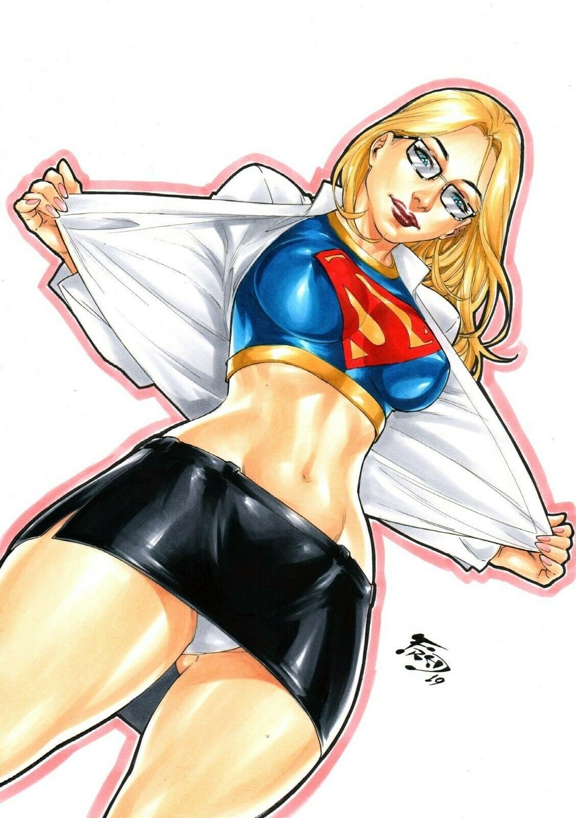 1girls, 2019, blonde hair, blue eyes, dc, dc comics, ed benes studio, erect nipples, female, female only, fred benes, fully clothed, glasses, hourglass figure, lipstick, low-angle view, microskirt, midriff, miniskirt, nipples, open shirt, panties, panty peek, revealing clothes, secret identity, shiny clothes, skirt, solo, supergirl, supergirl (volume 5), superman (series), tight clothing, uncensored, upskirt