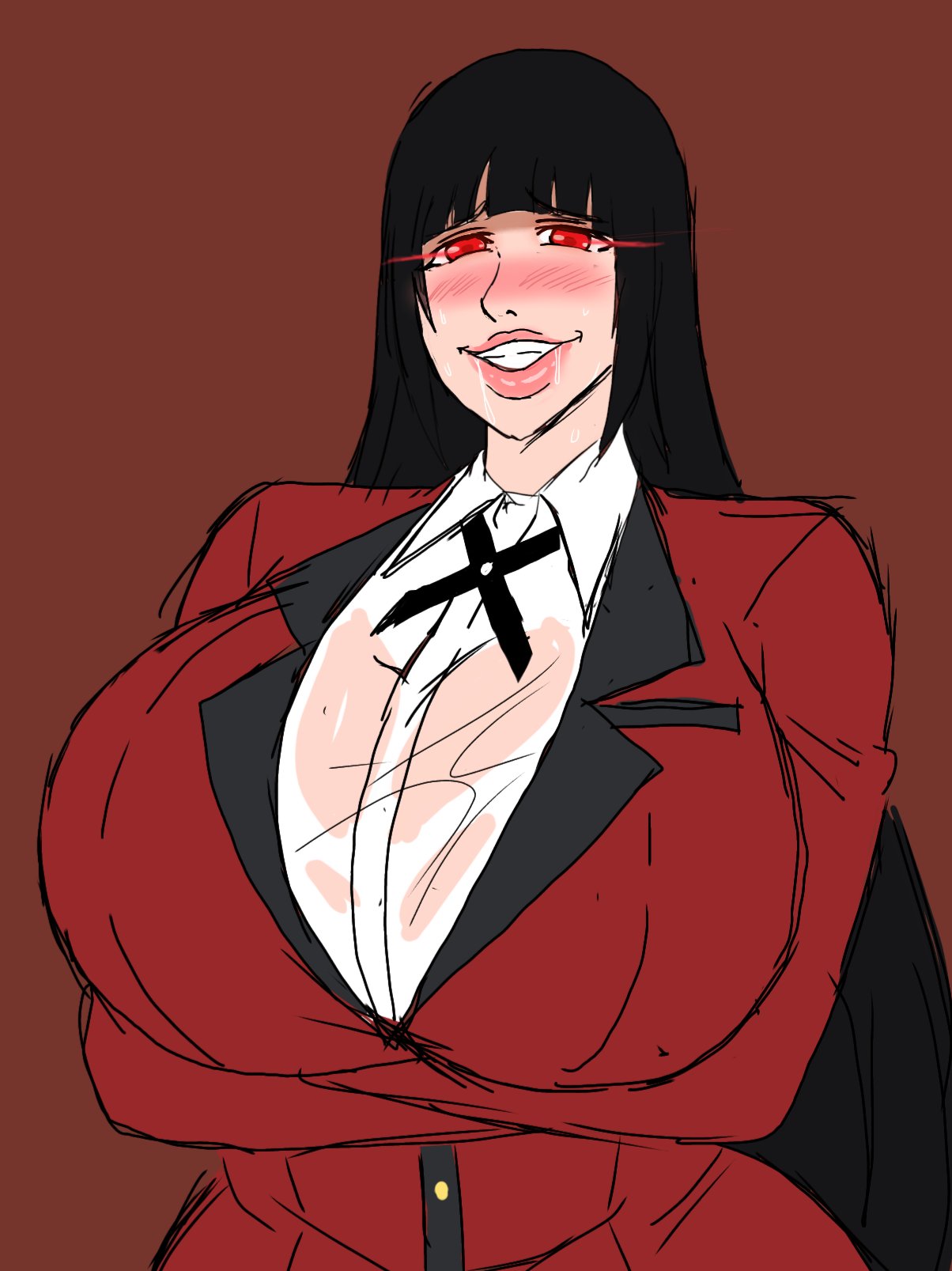 1girls, 2d, 2d (artwork), alternate body type, alternate breast size, arms crossed, arms crossed under breasts, big breasts, black hair, black hair female, blush, breasts, breasts bigger than head, busty, busty female, busty girl, curvy, curvy body, curvy female, curvy figure, digital drawing (artwork), digital media (artwork), fat, female, female focus, female only, horny, horny face, horny female, huge breasts, jabami yumeko, japanese, japanese female, kakegurui, kissable lips, large breasts, lips, long hair, long hair female, mature, mature woman, momiji (artist), pink lips, red clothing, red eyes, red eyes female, saliva, simple background, solo, solo female, solo focus, upper body, wet clothes, wet clothing