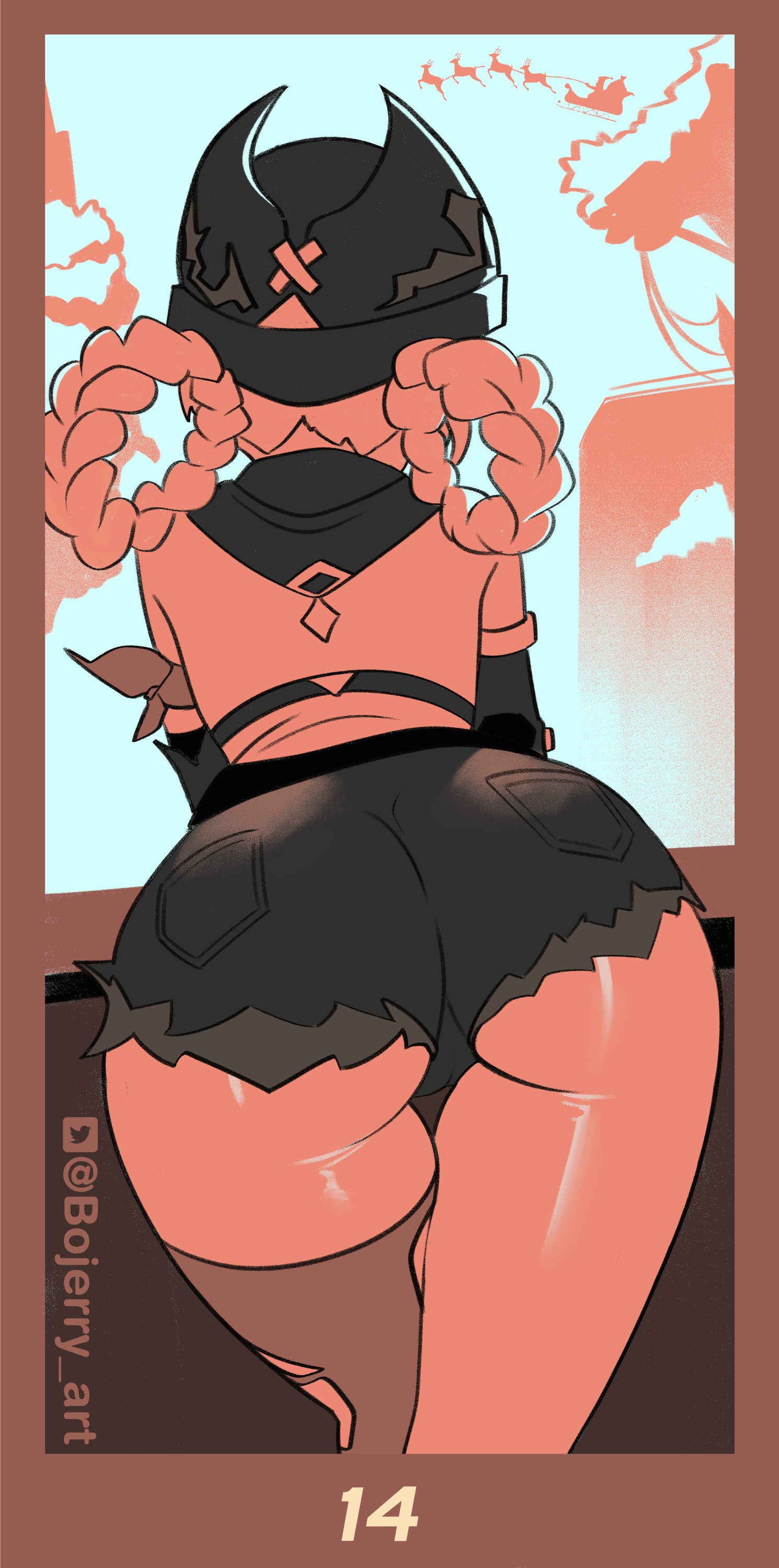 1girls, ass, bojerryart, booty shorts, facing away, female, genshin impact, hoyoverse, jahoda (genshin impact), mihoyo, monochrome, thick thighs