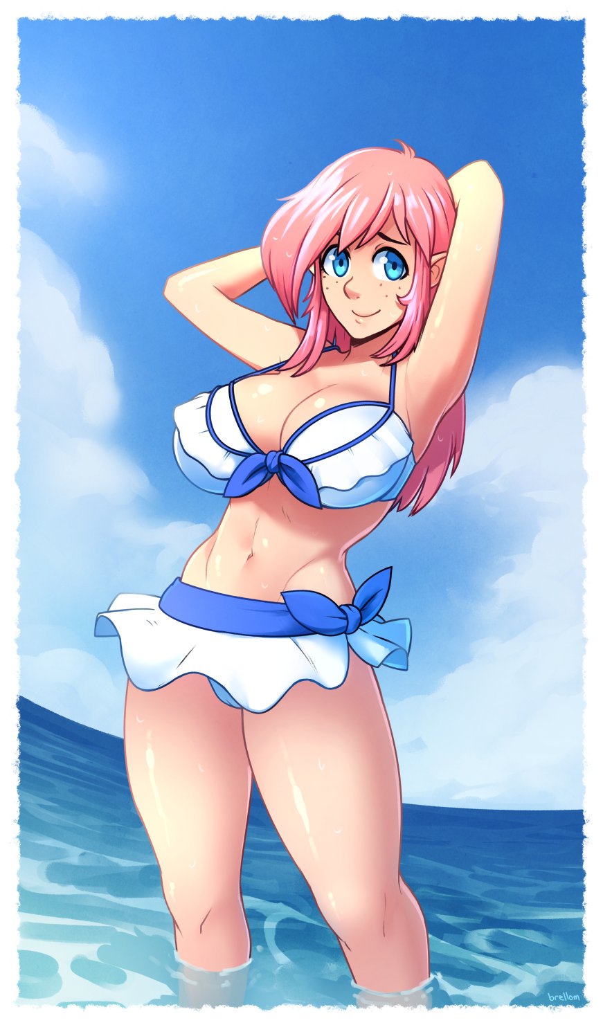 ass, big breasts, bikini, breasts, brellom, female, female artist, link, link (shounen captain), pink hair, rule 63, the legend of zelda, thighs