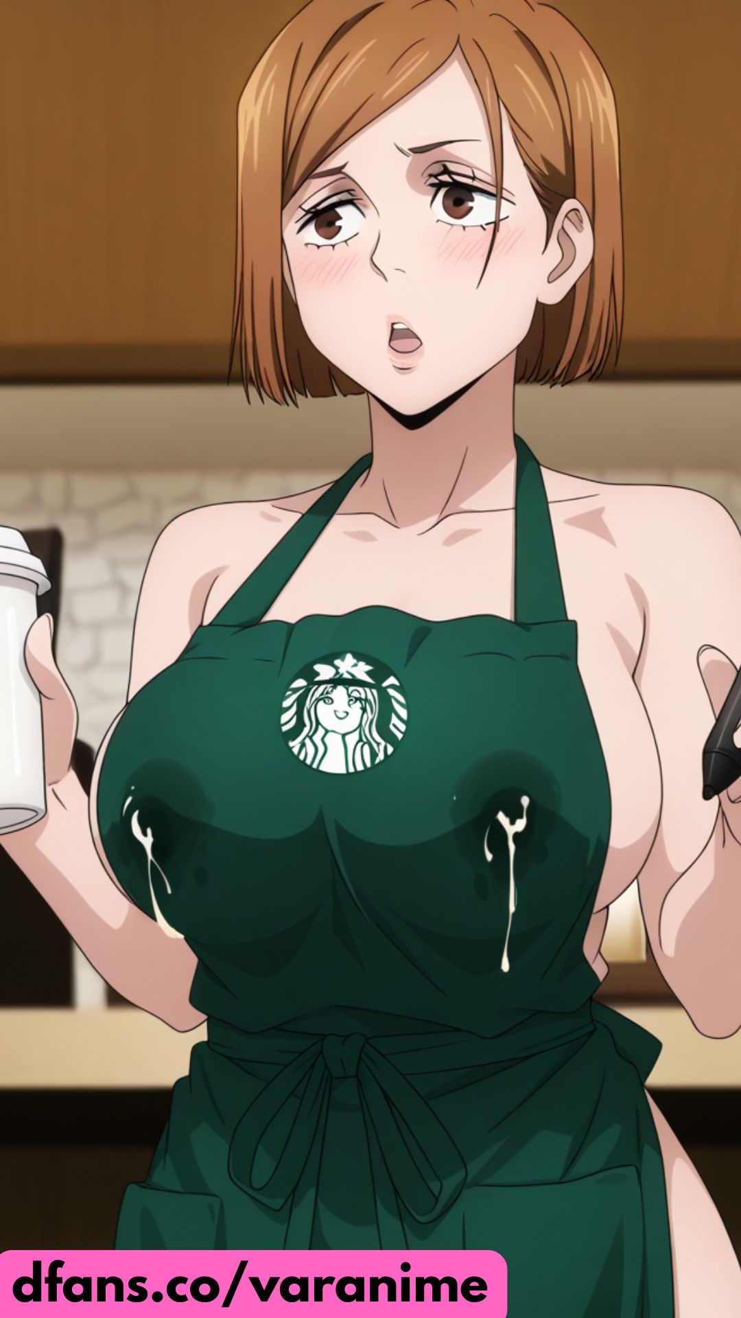 1girls, ai generated, apron between breasts, apron only, female, female only, jujutsu kaisen, kugisaki nobara, nobara kugisaki, solo, starbucks