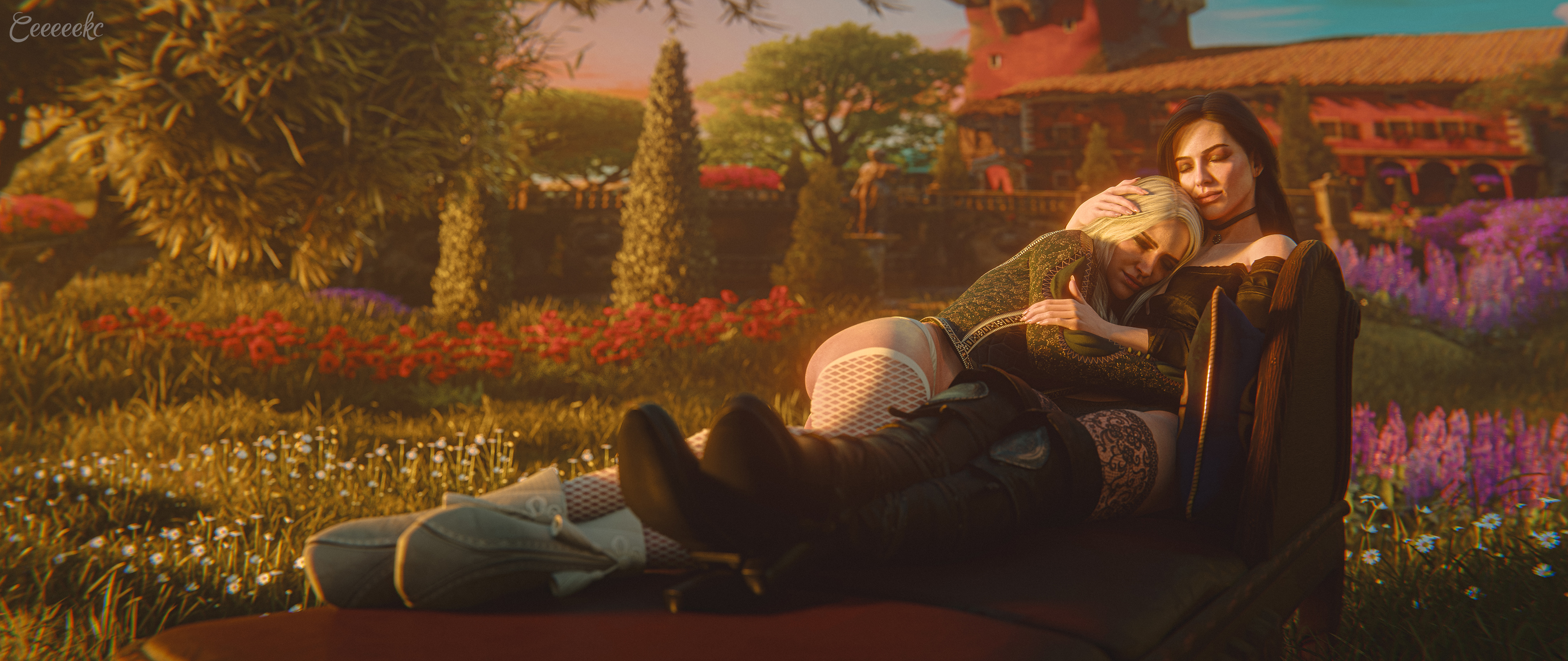 2girls, 3d, black boots, black hair, boots, cd projekt red, ceeeeekc, ciri, closed eyes, clothing, corvo bianco, female, female only, fishnets, freckles, high heel boots, hugging, light skin, light-skinned female, long hair, lying, mascara, mother and daughter, necklace, outdoors, panties, scar, stockings, the witcher (series), the witcher 3: wild hunt, thigh boots, toussaint, white hair, yennefer, yuri