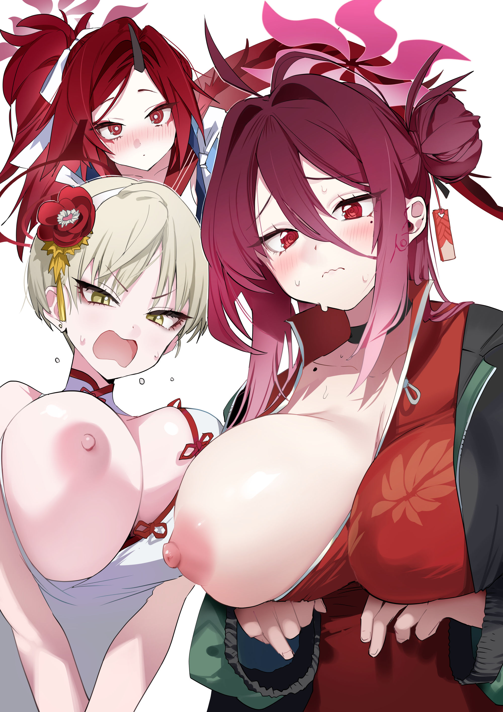 @ @, 3girls, absurdres, arms under breasts, blue archive, blush, breasts, brown hair, choker, closed mouth, dress, flower, green eyes, green jacket, hair between eyes, hair bun, hair flower, hair ornament, halo, highres, horns, jacket, large breasts, long hair, looking at viewer, marina (blue archive), marina (qipao) (blue archive), mole, mole under eye, multiple girls, multiple views, nipples, one breast out, open clothes, open jacket, open mouth, raised eyebrows, red dress, red eyes, reijo (blue archive), renge (blue archive), short hair, simple background, single horn, sweat, tail, tassel, tassel hair ornament, textless version, upper body, v arms, v-shaped eyebrows, very short hair, wavy mouth, white background, white dress, yanyo (ogino atsuki)