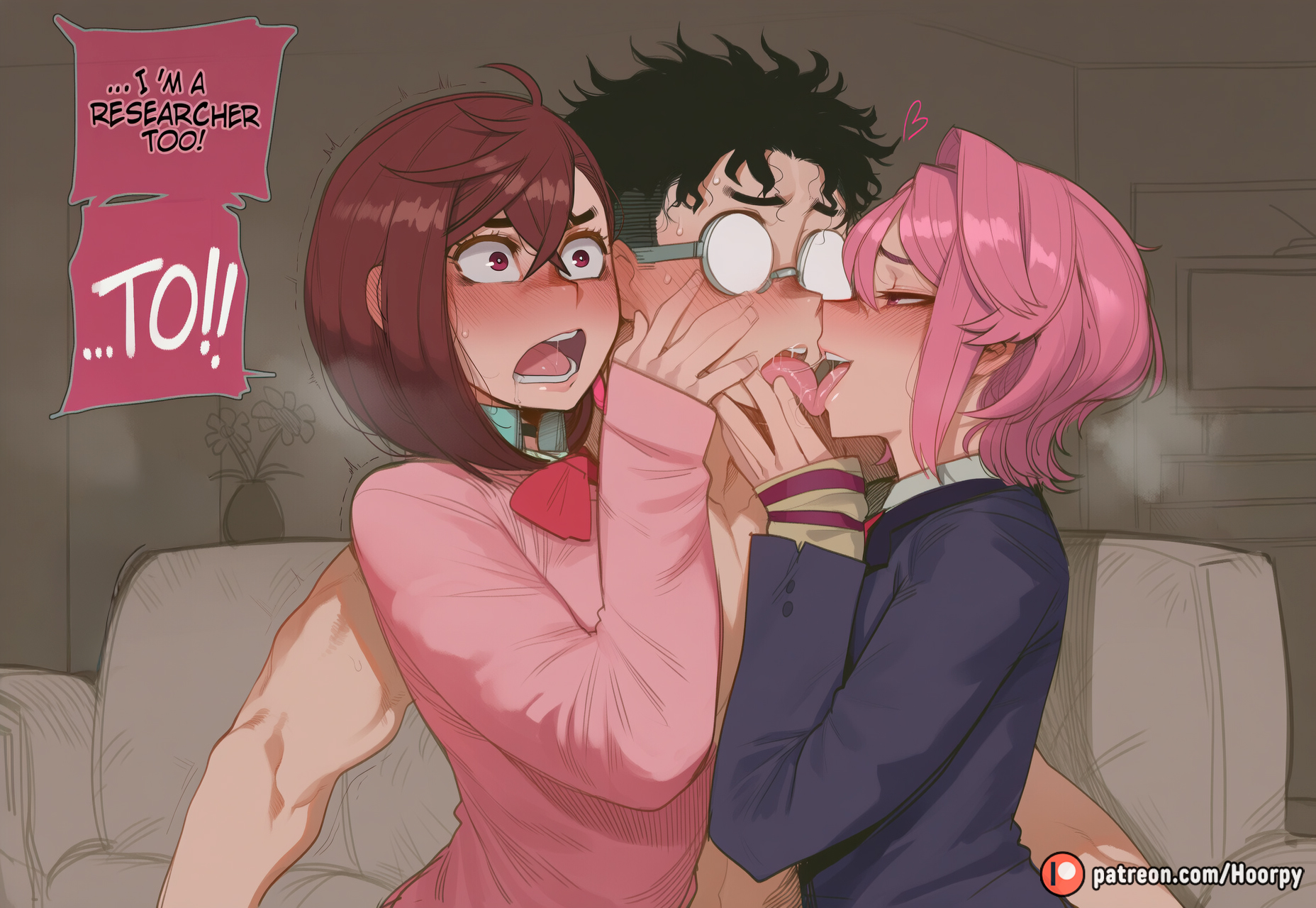 1boy, 2girls, abs, ai generated, aroused, aroused face, asymmetrical docking, athletic, athletic female, ayase momo, big ass, big breasts, big butt, big thighs, black hair, blush, breasts, breath, caption, closed eyes, comic, comic page, comics, completely naked, completely naked male, completely nude, completely nude male, couch, curvy, curvy body, curvy female, curvy figure, cute, cute face, dandadan, docking, embarrassed, english, english text, face-to-face, female, female/female/male, female/male, ffm, ffm threesome, glasses, group, hand on cheek, hand on face, hand on head, head grab, head hug, heart, heart symbol, hoorpy, hourglass figure, hug, indoors, kissing, light skin, light-skinned female, living room, looking at another, male/female, male/female/female, naked, naked female, naked male, nude, nude male, on couch, open mouth, patreon, patreon logo, patreon username, petite, petite body, petite breasts, petite female, pink hair, red eyes, red hair, saliva, saliva drip, saliva on face, saliva on tongue, saliva string, saliva trail, school uniform, schoolgirl, sexy, sexy body, sexy pose, shiratori aira (dandadan), shirt, short hair, shy, sitting, skirt, standing, story, sweat, sweatdrop, sweating, sweaty, sweaty body, takakura ken (okarun), teeth, text, thick thighs, thighs, threesome, tongue, tongue kiss, tongue out, voluptuous, voluptuous female, wide eyed