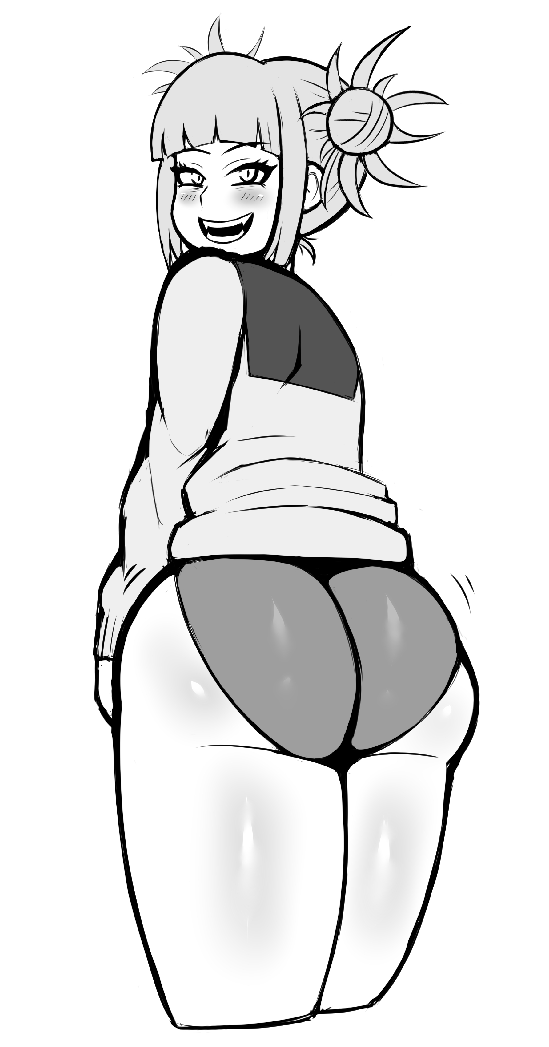 1girls, ass, back, bangs, bare legs, big ass, blunt bangs, blush, bottomless, clothed, double bun, drunkavocado, fangs, female, greyscale, himiko toga, huge ass, jiggle, light skin, light-skinned female, looking at viewer, looking back, monochrome, my hero academia, no pants, open mouth, panties, shirt, smile, solo, standing, teeth, thick thighs, thighs, underwear, white background, wide hips