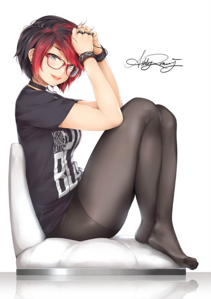 ashley_rosemarry black_stockings choker dyed_hair glasses huniepop rings