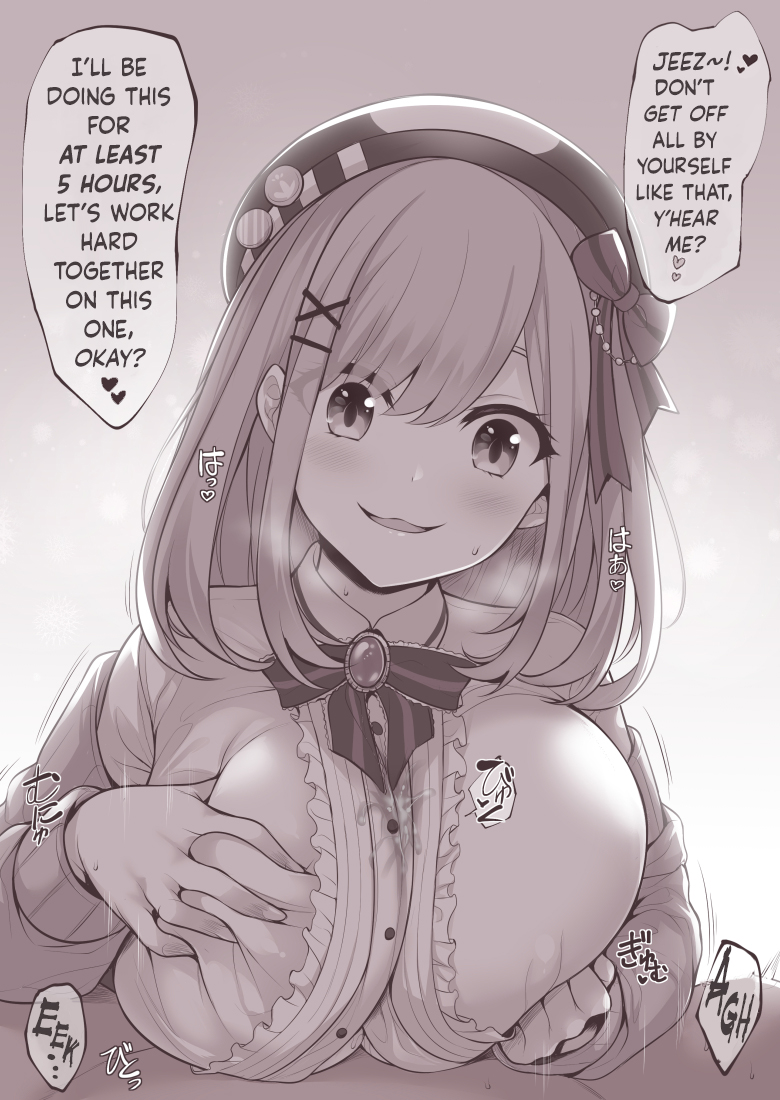 :3, 1boy, 1girls, assertive, bangs, beret, blush, bow, bowtie, breast squeeze, breasts, clothed female nude male, clothed sex, collared shirt, commentary, cum, cum on clothes, cum through clothes, cum through clothing, english text, english translation, female, grabbing, grabbing own breast, hair ornament, hairbow, hairclip, hat, human, human female, implied paizuri, large breasts, looking at viewer, male, medium hair, monochrome, nijisanji, nude, open mouth, paizuri, paizuri lead by female, paizuri under clothes, pov, shirt, smile, solo focus, speech bubble, straight, suzuhara lulu, sweat, sweater, translated, uni8, virtual youtuber, x hair ornament