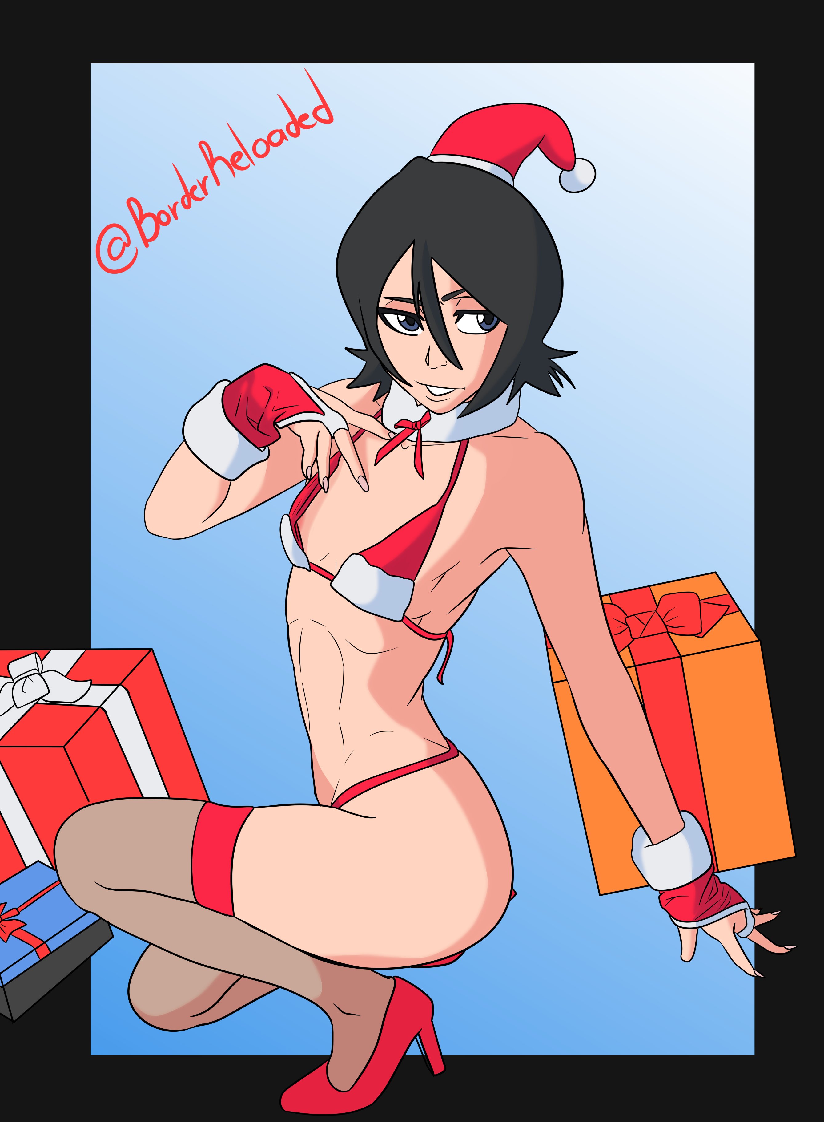 2d, black hair, bleach, borderreloaded, christmas, christmas outfit, female, female focus, kuchiki rukia, skinny, small breasts, tagme