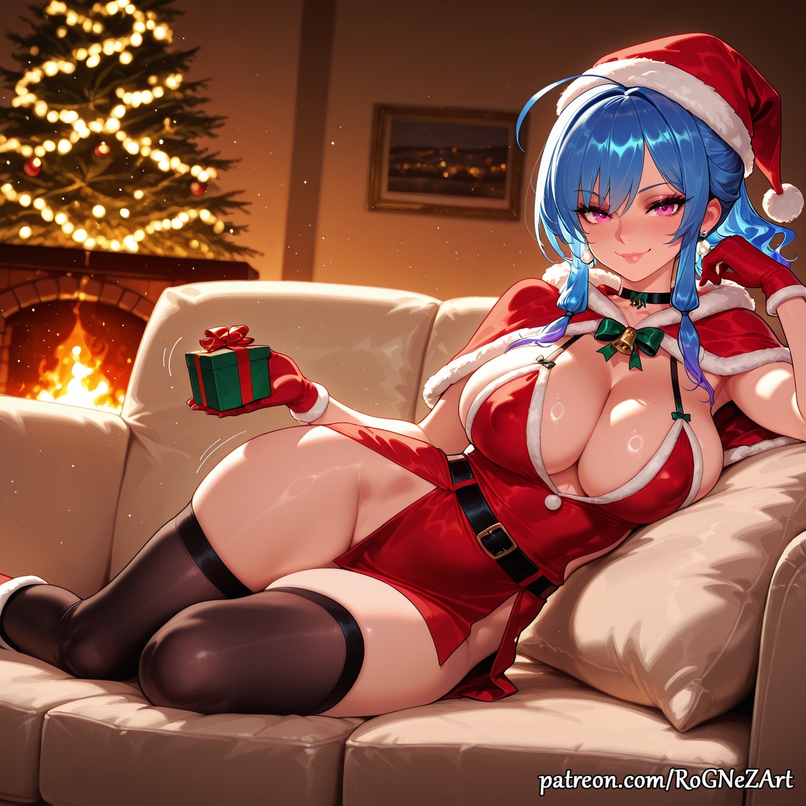 2025, ahoge, ai generated, anime, azur lane, bangs, bare hips, bell, belt, black belt, black thighhighs, blue hair, blush, box, breasts, capelet, choker, christmas, christmas tree, cleavage, closed mouth, commando, couch, covered nipples, crossover, dress, earrings, eye contact, female, female focus, female only, fire, fireplace, flushed, fur trim, fur-trimmed headwear, gift, gift box, gloves, green bow, handwear, hat, highres, holding, holding gift, huge breasts, indoors, inside, jewelry, large breasts, long hair, looking at viewer, lying, neutral expression, no panties, nsfw, on couch, on side, patreon, pillow, pink eyes, purple eyes, red capelet, red footwear, red gloves, red headwear, rognezart, santa costume, santa hat, sidelocks, smile, smiling, solo, st. louis (azur lane), st. louis (luxurious wheels) (azur lane), thick thighs, thighhighs, thighs, very long hair