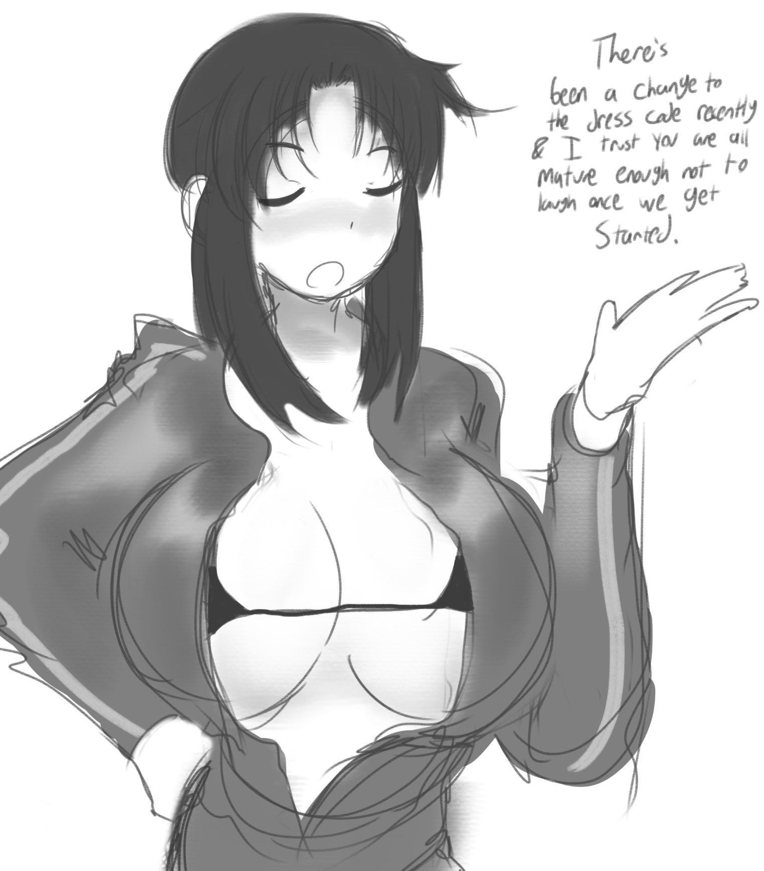 1girls, azumanga daiou, big breasts, bikini, bikini top, black and white, black bikini, breast focus, breasts, breasts focus, busty, dialogue, english text, female, female focus, female only, fukutoad, grayscale, greyscale, huge breasts, large breasts, light skin, light-skinned female, monochrome, nyamo minamo kurosawa, open shirt, solo, solo female, solo focus, text