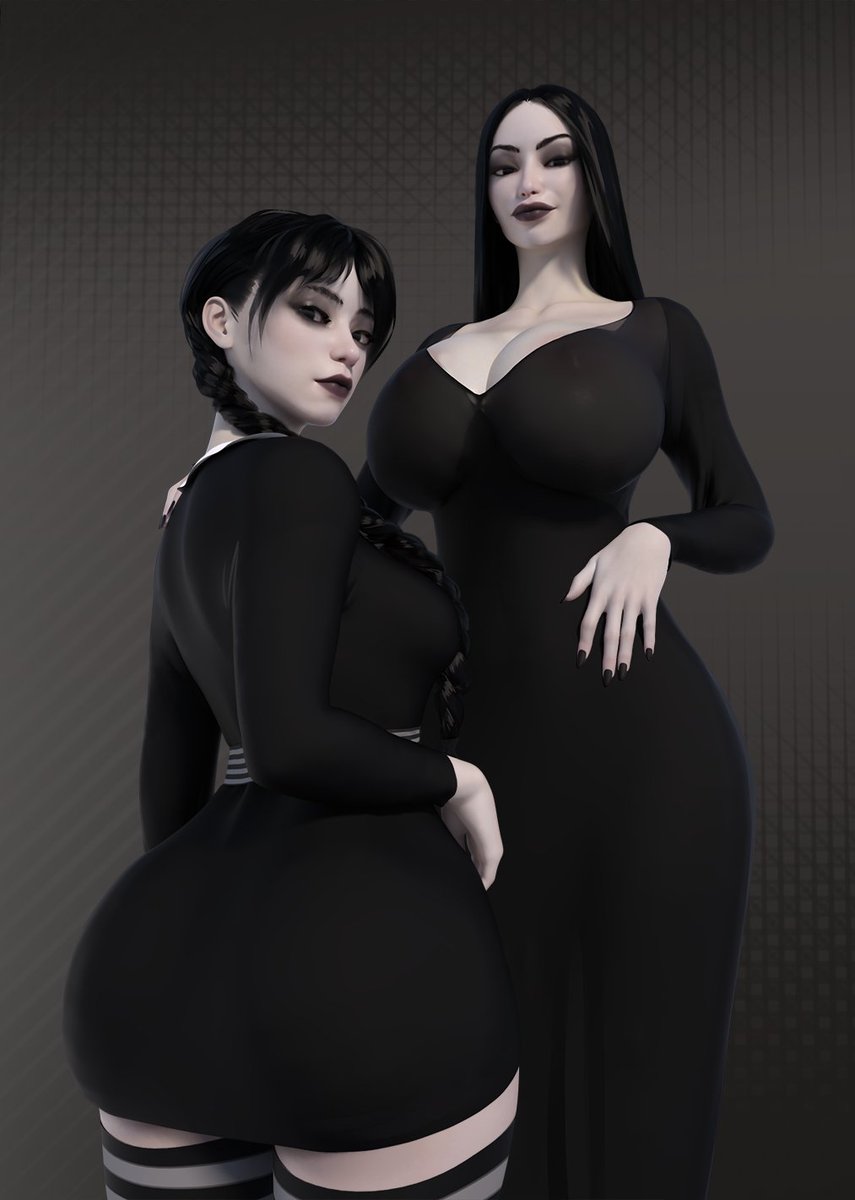 2girls, 3d, ass, big ass, big breasts, black hair, black nails, breasts, busty, clothed, clothed female, daughter, dress, duo, female, female only, fully clothed, huge ass, huge breasts, large ass, milf, morticia addams, mother, mother and daughter, multiple girls, non-nude, painted nails, popogori, stockings, tagme, the addams family, wednesday addams