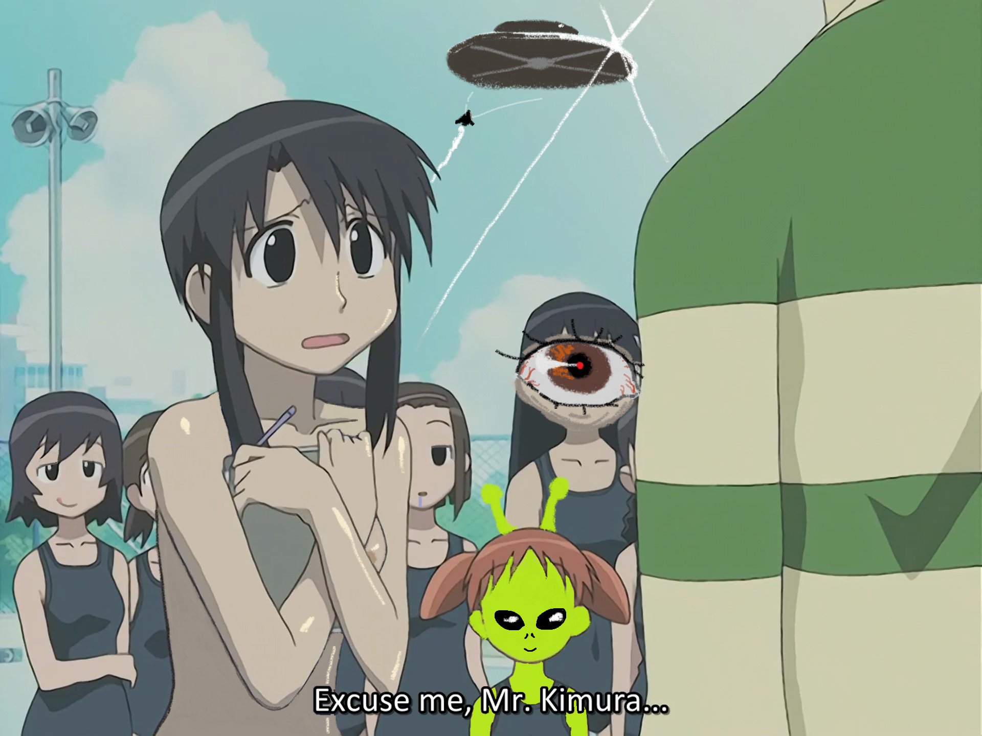 alien, azumanga daiou, covering breasts, edit, edited screencap, fukutoad, nyamo minamo kurosawa, shitpost