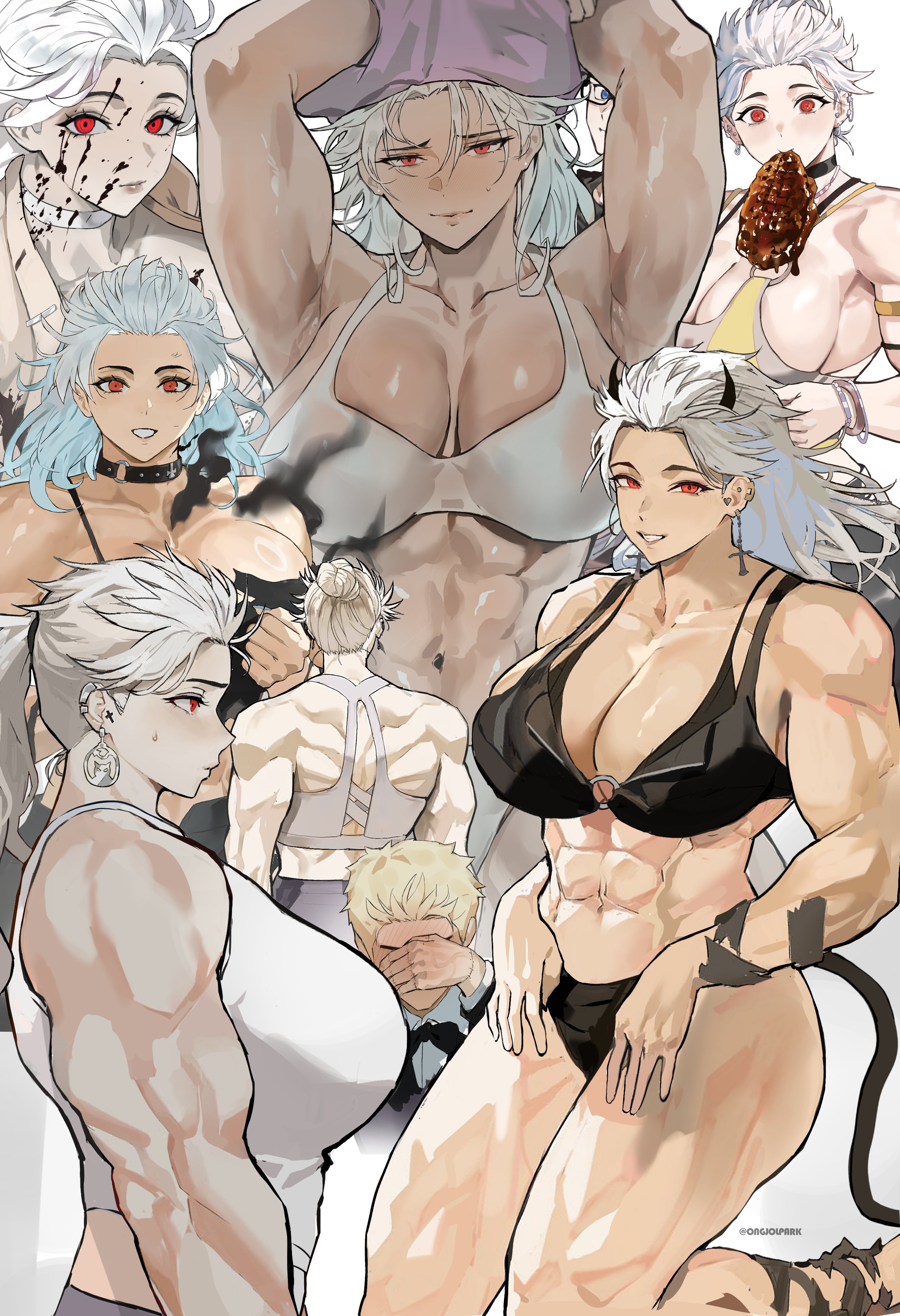 1male, abs, biceps, big breasts, blonde-haired male, child bearing hips, cleavage, collage, curvy female, dorohedoro, female bodybuilder, huge breasts, large breasts, large butt, muscle mommy, muscular, muscular female, noi (dorohedoro), ongjolpark, red eyes, shin (dorohedoro), strong female, voluptuous, white hair female