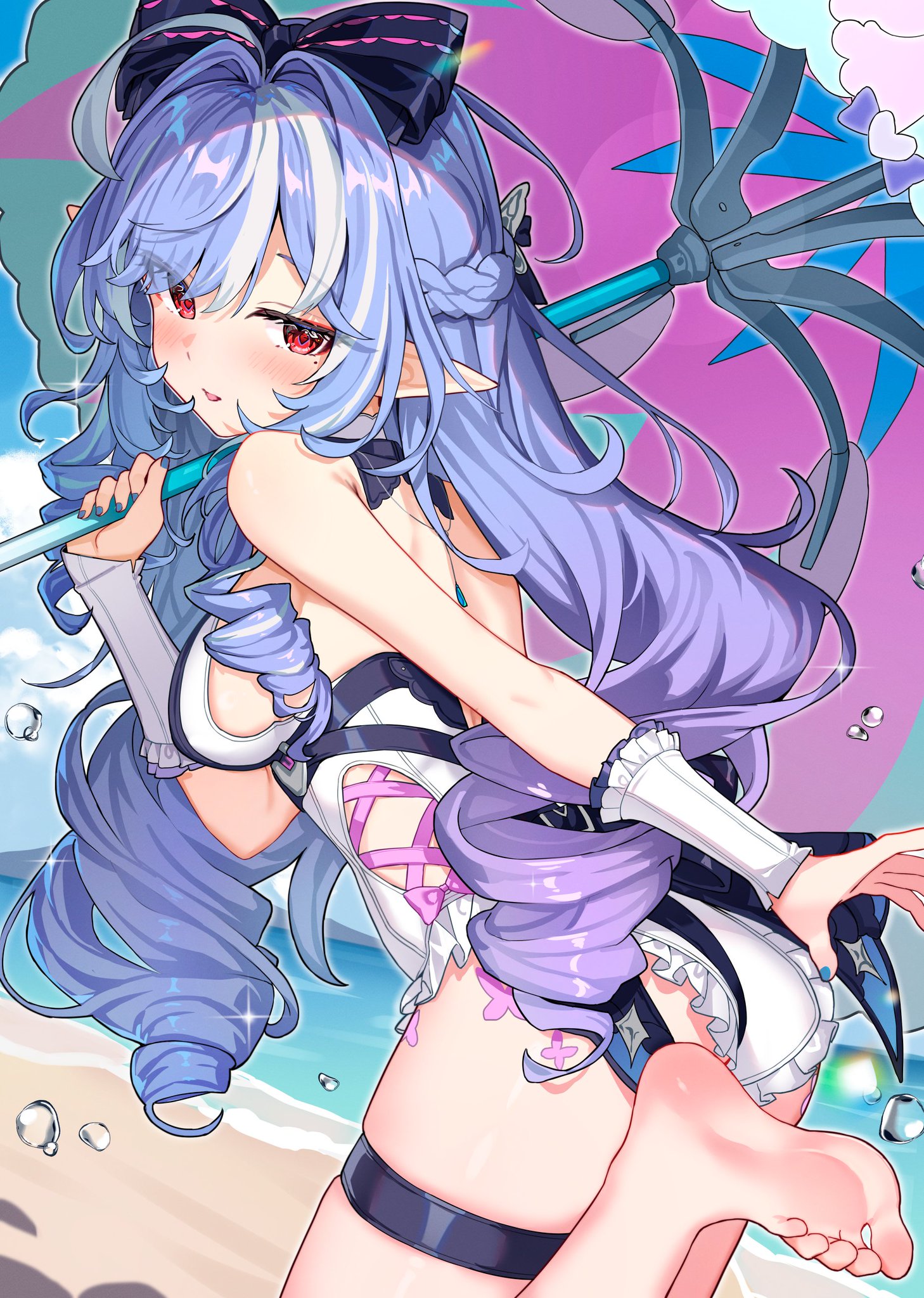 1girls, breasts, exposed breasts, female, hoyoverse, legs, long hair, mihoyo, official alternate costume, purple hair, red eyes, swimsuit, vivian banshee, vivian banshee (iris of the shore), white swimsuit, zenless zone zero