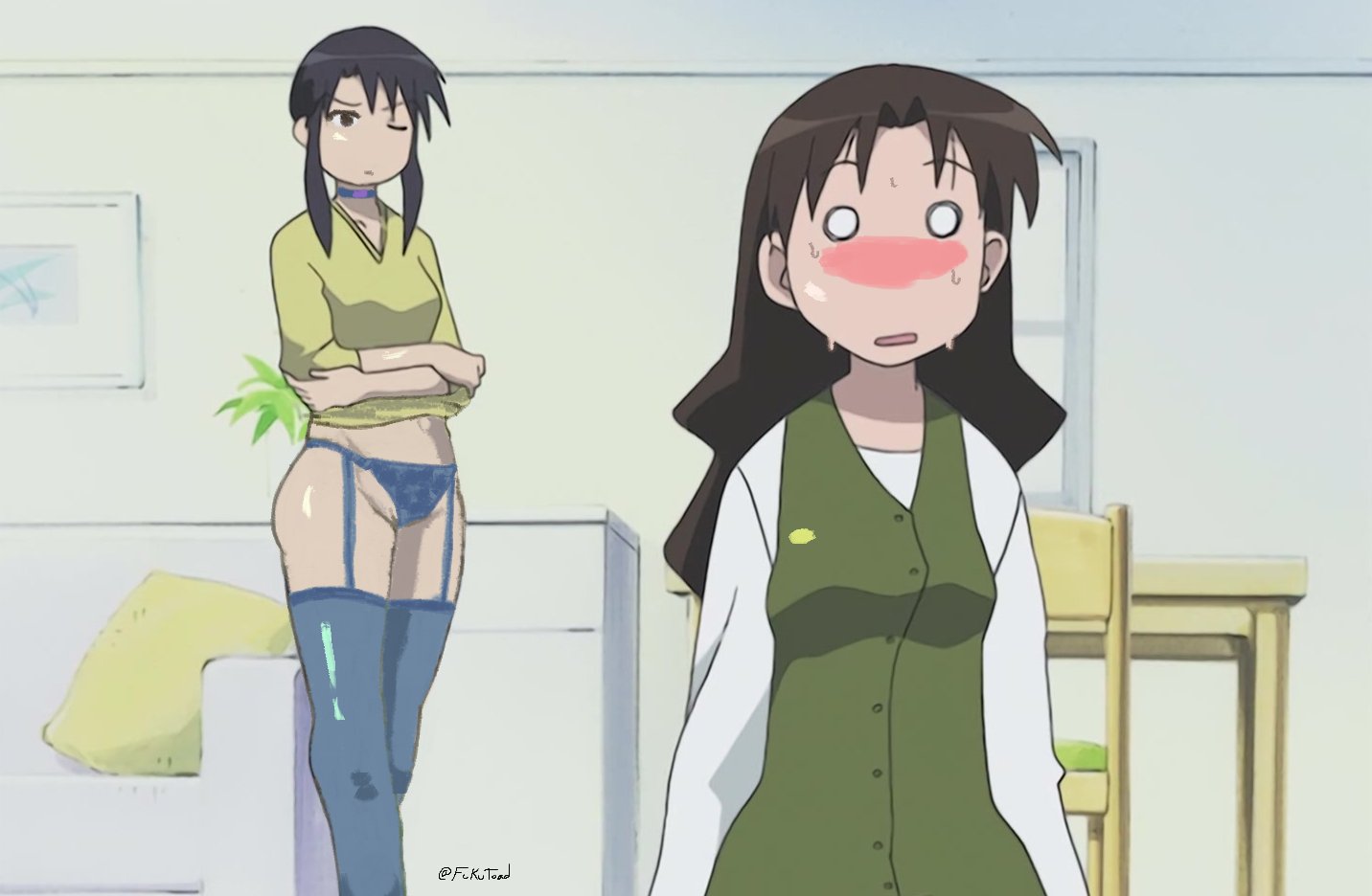 azumanga daiou, blue lingerie, edit, edited screencap, fukutoad, garter belt, lingerie, nyamo minamo kurosawa, stockings, yukari tanizaki