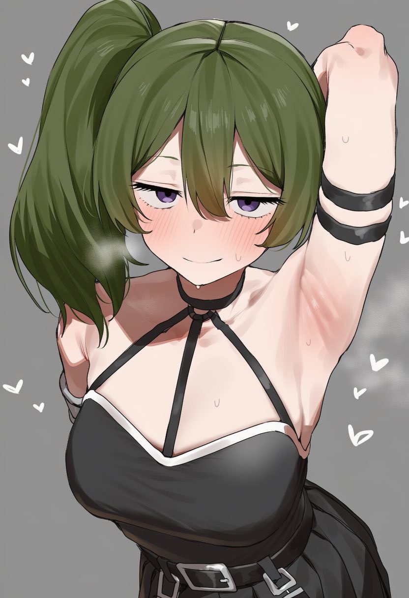 1girls, ai generated, armpits, green hair, large breasts, long hair, looking at viewer, presenting armpit, purple eyes, sakubanosub, side ponytail, sousou no frieren, sweat, ubel (sousou no frieren)