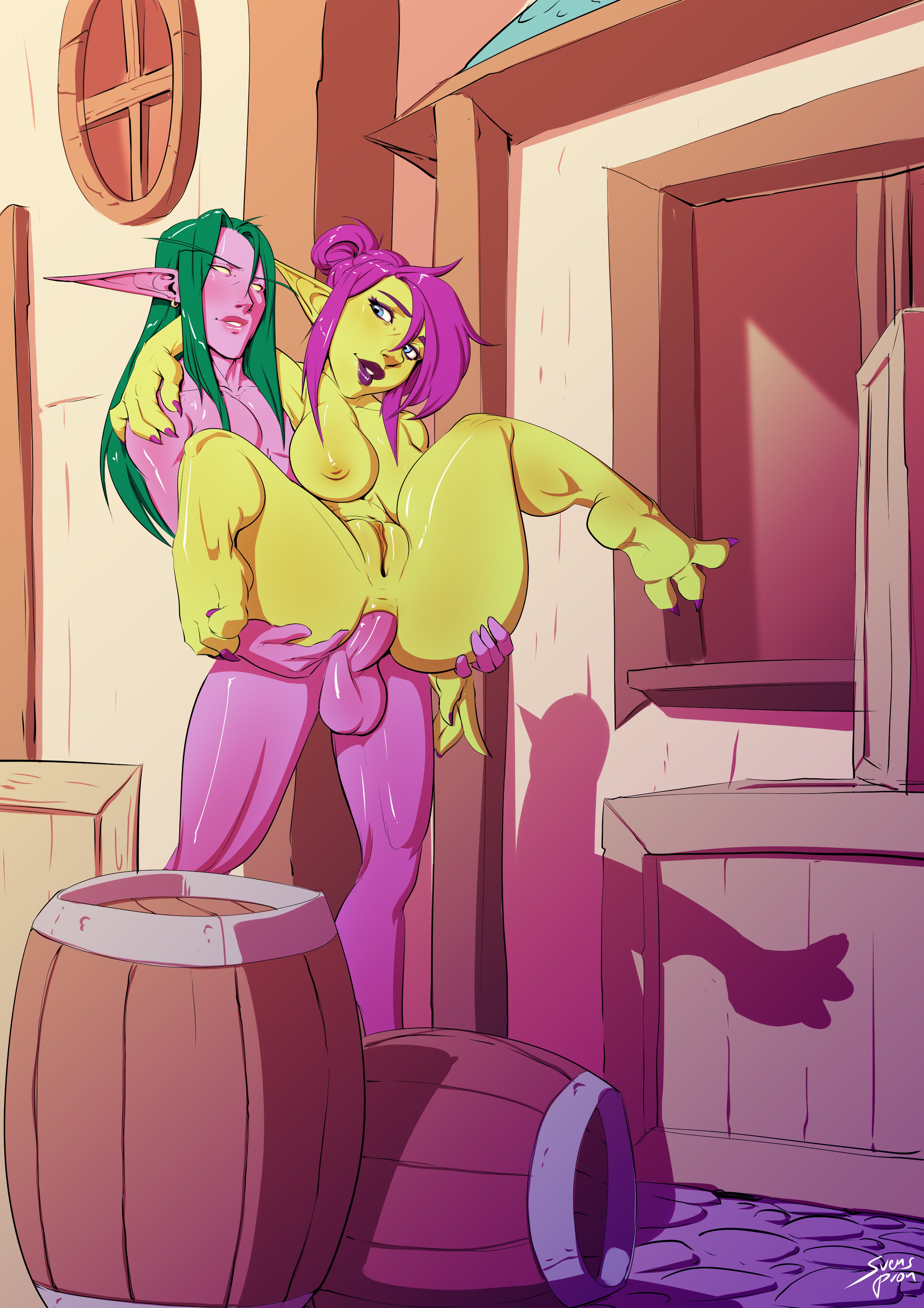1boy, 1girls, absurdres, anal, anal sex, anus, areolae, barefoot, breasts, erection, feet, female, goblin, goblin female, highres, larger male, male, night elf, nipples, nude, penetration, penis, pussy, sex, shortstack, size difference, smaller female, spread legs, svenners, toes, world of warcraft