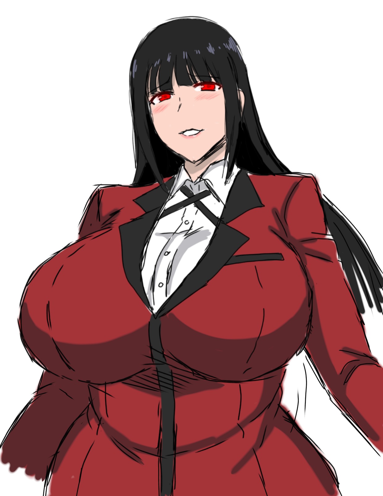 1girls, 2d, 2d (artwork), alternate body type, alternate breast size, big breasts, black hair, black hair female, blush, breasts, breasts bigger than head, busty, busty female, busty girl, curvy, curvy body, curvy female, curvy figure, digital drawing (artwork), digital media (artwork), fat, female, female focus, female only, huge breasts, jabami yumeko, japanese, japanese female, kakegurui, large breasts, long hair, long hair female, mature, mature woman, momiji (artist), red clothing, red eyes, red eyes female, simple background, solo, solo female, solo focus, upper body, white background