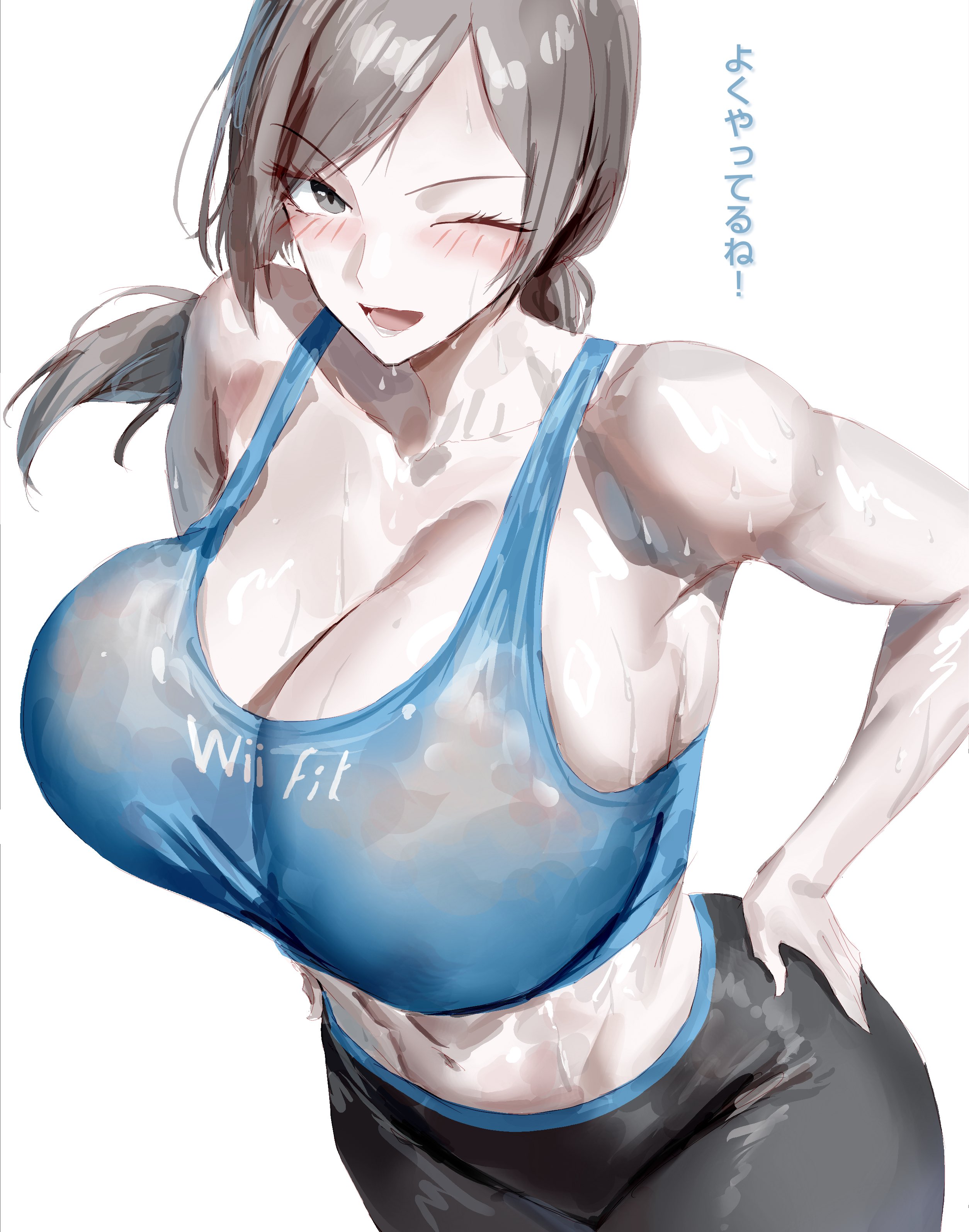 ;d, 1girls, 2d, 2d (artwork), abs, absurdres, alternate breast size, bare arms, bare calves, bare shoulders, biceps, big ass, big breasts, black eyes, black hair, black pants, blue sports bra, blue tank top, blush, bra, breasts, breasts bigger than head, busty, casual, check translation, clavicle, cleavage, closed mouth, clothed, clothes writing, clothing, collarbone, colored skin, cowboy shot, crop top, curvy, female, female only, fit, fit female, gigantic breasts, grey eyes, grey hair, grey skin, gym clothes, gym uniform, hand on hip, hand on own hip, hands on hips, hands on own hips, highres, hourglass figure, huge breasts, human, igiroitsu, large breasts, leggings, long hair, looking at viewer, massive breasts, mature female, midriff, muscular, muscular female, narrow waist, navel, nintendo, one eye closed, open mouth, pale skin, pants, parted bangs, ponytail, shiny skin, shirt, simple background, smile, solo, solo female, spandex, sports bra, sportswear, standing, sweat, sweaty clothes, tank top, text, thick thighs, thighs, tied hair, tight, tight clothes, toned, toned female, towel, trainer (wii fit), translated, underboob, voluptuous, wet, wet clothes, white background, white body, white skin, wide hips, wii fit, wii fit trainer, wii fit trainer (female), yoga pants