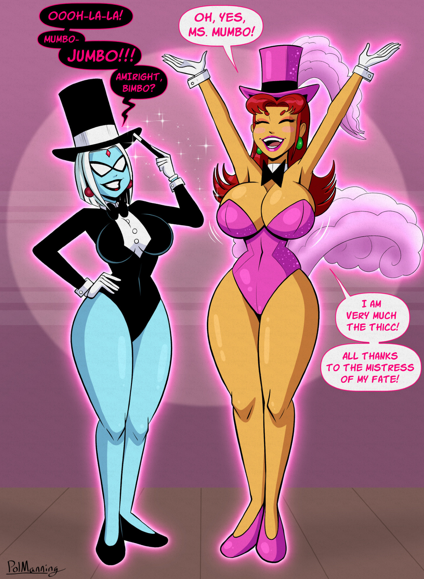 2girls, alien, alien girl, alien humanoid, armpits, arms up, artist name, big breasts, bimbo, bimbo body, bimbofication, blue body, blue skin, bowtie, breast size difference, breasts, cleavage, closed eyes, corruption, dc, dc comics, dialogue, dominatrix, domino mask, ear piercing, english, english text, eyeshadow, female, female only, gloves, hand on hip, hat, headwear, heels, high heels, hips, hips wider than shoulders, hourglass figure, huge breasts, hypnosis, jewel, jewel on forehead, large breasts, leotard, lipstick, magic, magic wand, magician, magician hat, makeup, mask, masked, masked female, mind control, motion lines, mumbo jumbo (dc), orange body, pierced ears, piercing, pink lipstick, polmanning, raven (dc), red hair, red lipstick, simple background, smiling, speech bubble, starfire, starfire (teen titans), teen titans, text, thick, thick thighs, thighs, white hair, wide hips