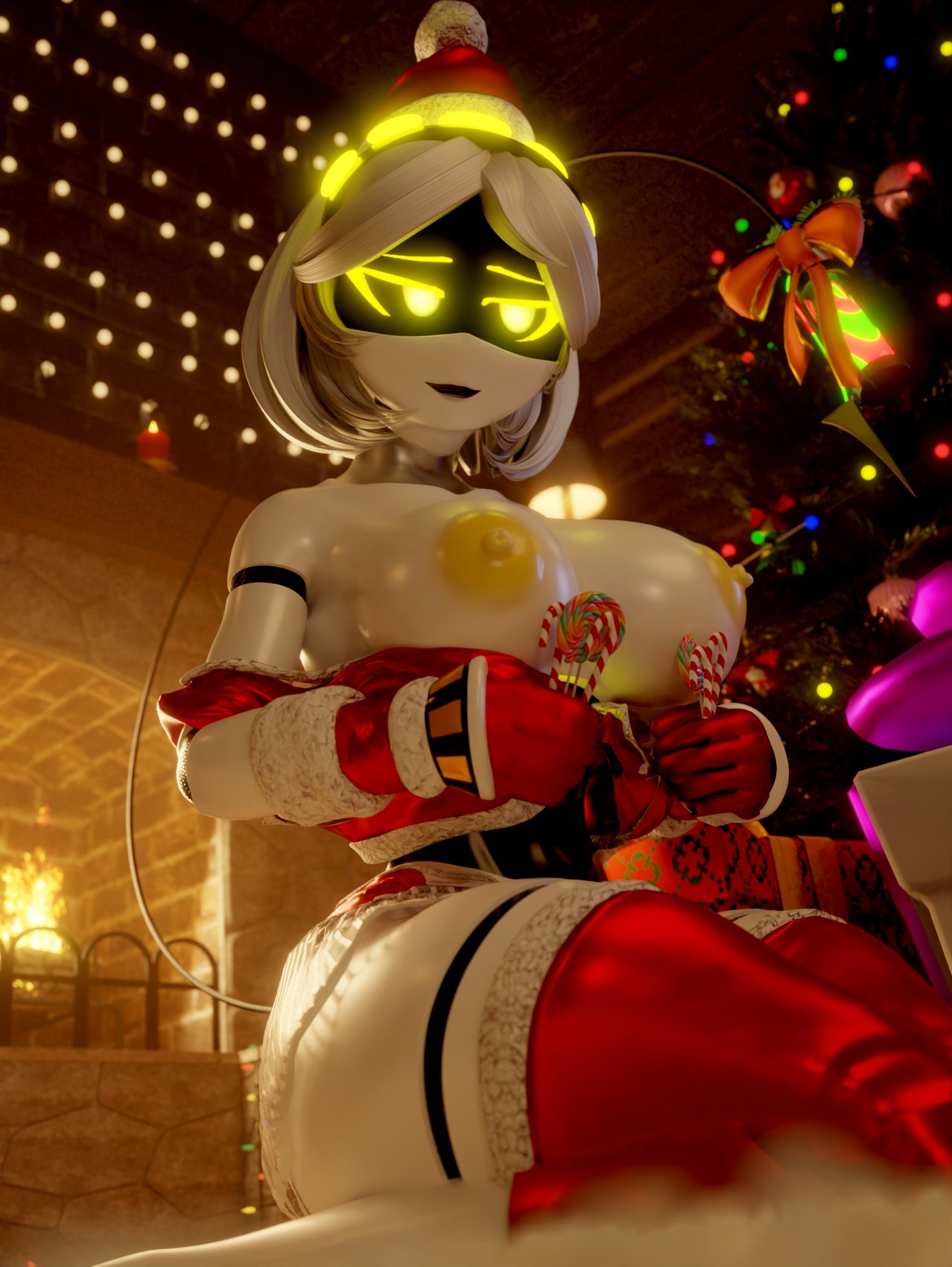 1girls, 3d, 3d (artwork), 3d render, 777bronzestar, areola, areolae, big breasts, big nipples, blender, blender (artwork), blender (software), candy, candy cane, christmas, christmas clothing, christmas hat, christmas headwear, christmas lights, christmas outfit, christmas present, christmas tree, clothed, clothing, curvy, curvy body, curvy female, curvy figure, eyebrows, eyelashes, female, female focus, female only, fireplace, glitch productions, gloves, glowing eyes, headgear, headwear, huge breasts, inside, looking at another, metallic body, murder drones, nipples, ribbon, robot, robot girl, short hair, sitting, sitting down, sitting on floor, skirt, smile, smiley face, stockings, tagme, tail, thick thighs, two-tone body, v (bysamzan), v (murder drones), white body, white hair, yellow eyes