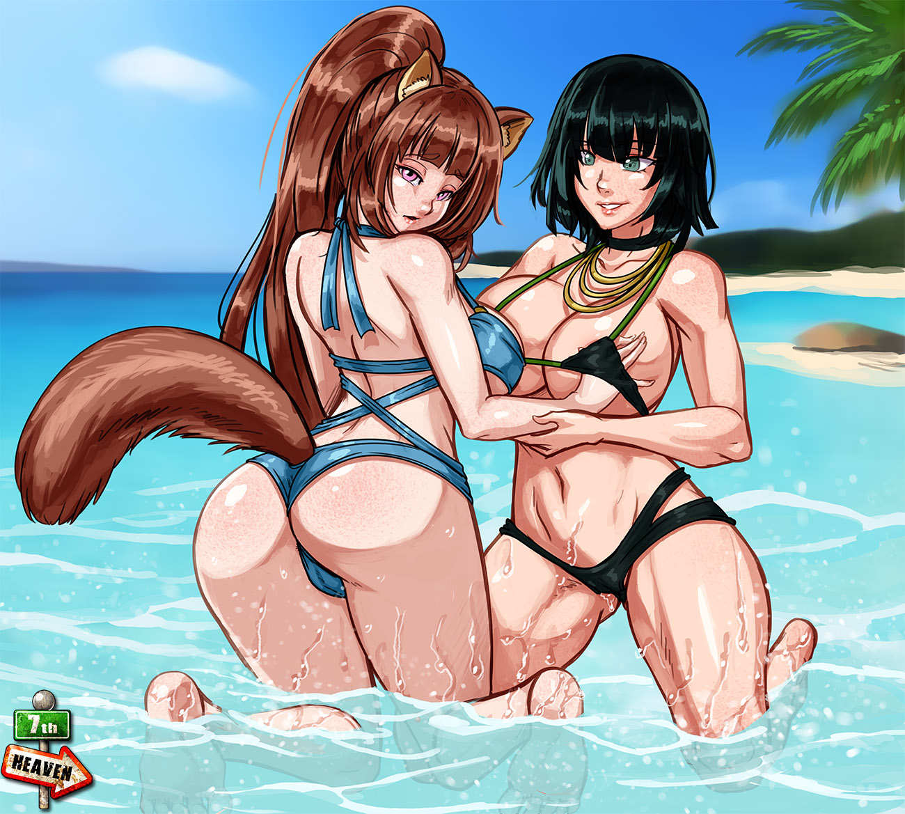 2girls, 7th-heaven, ass, big breasts, bikini, breasts, brown hair, clothing, crossover, dovoros, female, female only, fubuki (one-punch man), hair, large breasts, multiple females, multiple girls, one-punch man, raphtalia, tail, tate no yuusha no nariagari, water, watermark, yuri