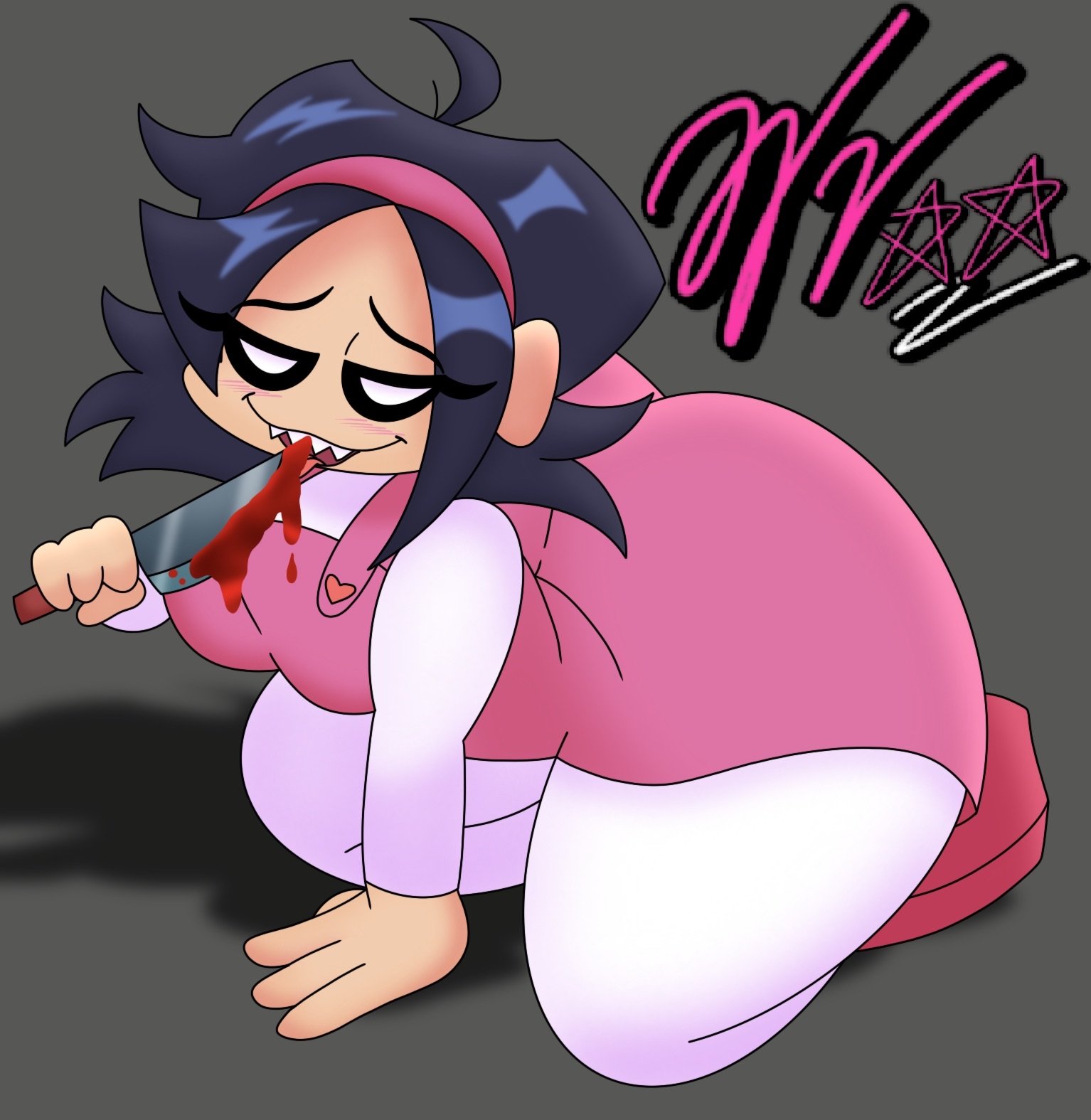 asian, ass, big ass, bloody knife, clothed, dark blue hair, dress, female, female only, friday night funkin, huge ass, knife, looking at viewer, nene (newgrounds), pants, short hair, thick, thick ass, thick thighs, tongue, tongue out, white eyes, wifeyvoo