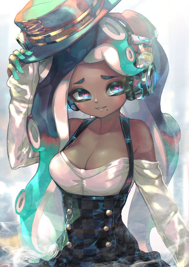 1girls, big breasts, blush, breasts, cephalopod, cephalopod humanoid, cleavage, clothed, clothing, dark skin, dark-skinned female, female, female only, hat, hizake, humanoid, kashu (hizake), large breasts, marina (splatoon), marine, marine humanoid, nintendo, octoling, off shoulder, overalls, shiny, shiny clothes, shiny skin, simple background, solo, splatoon, splatoon 2, steampunk, tentacle hair