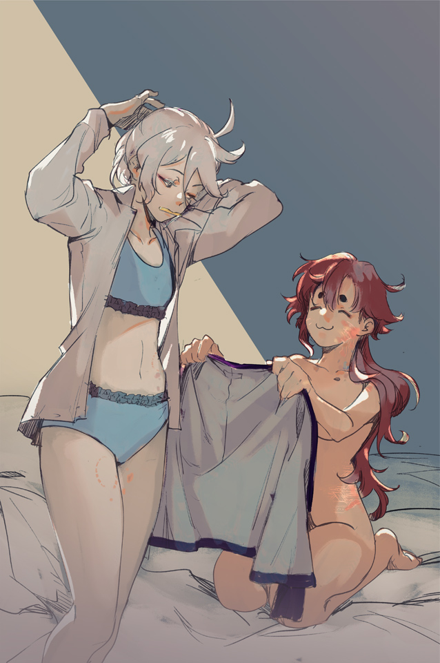 :3, 2girls, after sex, ahoge, bed, bed sheet, bedroom, bite mark, blue bra, blue panties, bra, breasts, canon couple, closed eyes, clothed female nude female, color, convenient censoring, curly hair, dressing, gundam, gundam suisei no majo, kiss mark, kneeling, lighting, long hair, married couple, miorine rembran, open clothes, panties, partially clothed, red hair, romantic, romantic couple, scar, scars all over, scratches, smile, standing, suletta mercury, tied hair, tying hair, underboob, unekoheyhey, white hair, wholesome, wife and wife, yuri