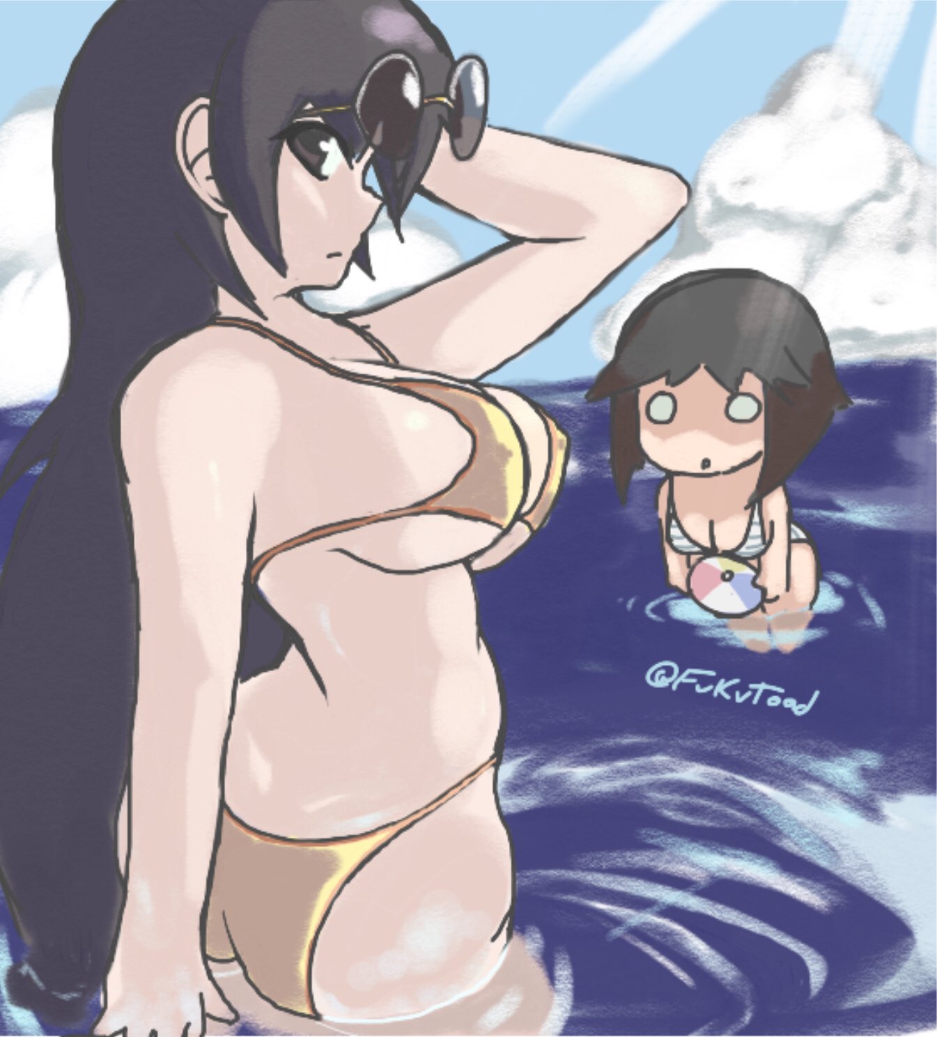 2girls, ass, azumanga daiou, beach, big breasts, bikini, boobs and butt pose, breasts, busty, fukutoad, gold bikini, kaorin, large breasts, light skin, light-skinned female, sakaki, sunglasses