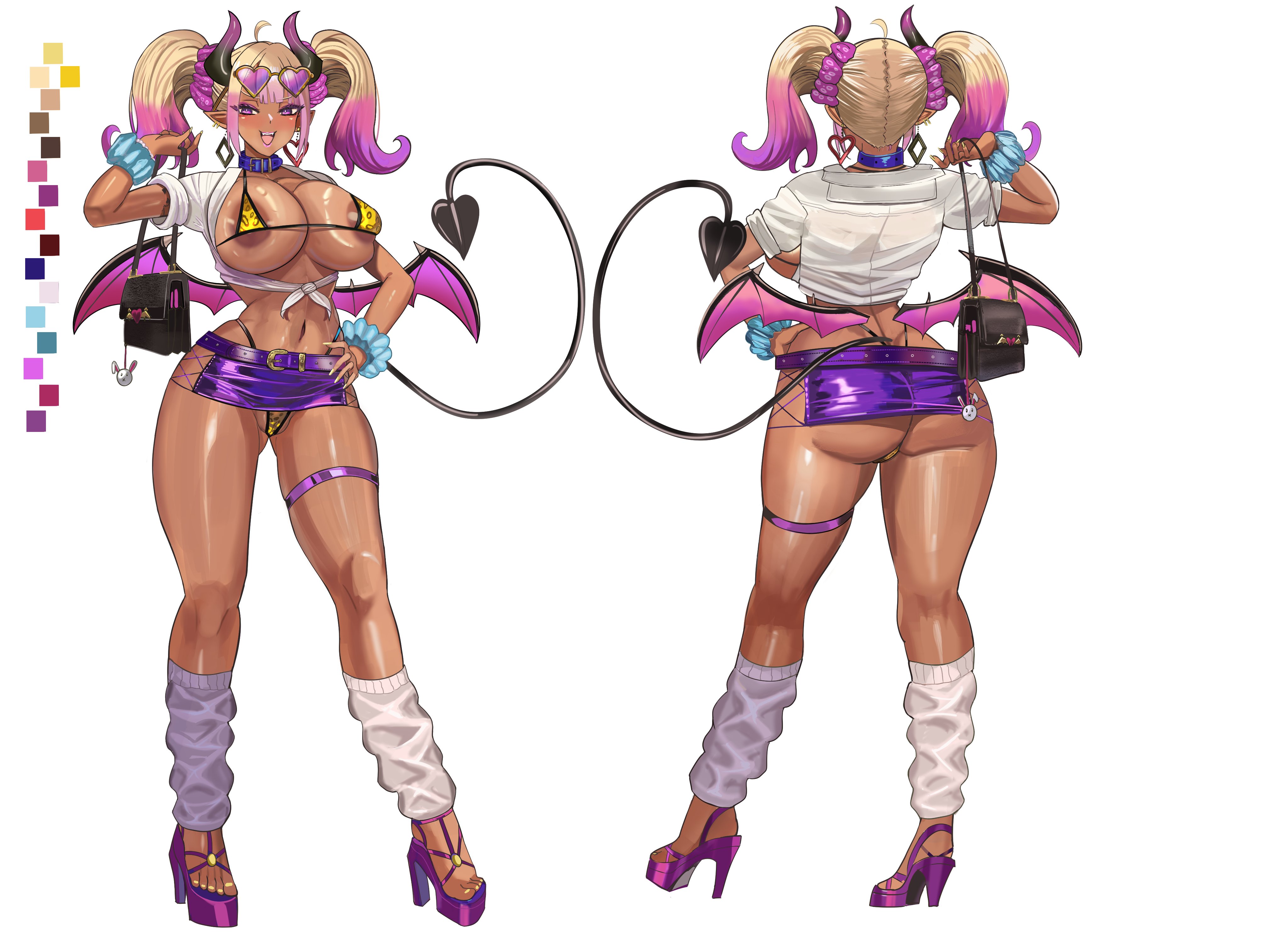 1girls, absurdres, animal charm, areola slip, arm up, ass, bag, belt, belt buckle, benz (rita29), bikini, blonde hair, blue wrist cuffs, breasts, breasts out, buckle, cameltoe, charm (object), collar, color guide, commentary, commission, contrapposto, crop top, cropped shirt, dark areolae, dark skin, dark-skinned female, demon horns, demon tail, demon wings, diamond earrings, ear piercing, earrings, english commentary, eyeshadow, eyewear on head, female, fingernails, from behind, full body, hand on own hip, handbag, heart, heart earrings, heart-shaped eyewear, high heels, highres, holding, holding bag, horns, hourglass figure, huge breasts, jewelry, large areolae, leg warmers, looking at viewer, makeup, micro bikini, microskirt, midriff, mismatched earrings, multicolored hair, multiple views, nail polish, navel, open mouth, original, piercing, pointy ears, purple belt, purple collar, purple eyes, purple eyeshadow, purple hair, purple lips, purple skirt, purple wings, rabbit charm, shirt, short hair, short sleeves, simple background, skirt, slim waist, smile, solo, standing, sunglasses, swimsuit, tail, teeth, thick thighs, thigh strap, thighs, thong bikini, tied shirt, turnaround, twintails, two-tone hair, upper teeth only, white background, white shirt, wide hips, wings, wrist cuffs, yellow bikini, yellow nails