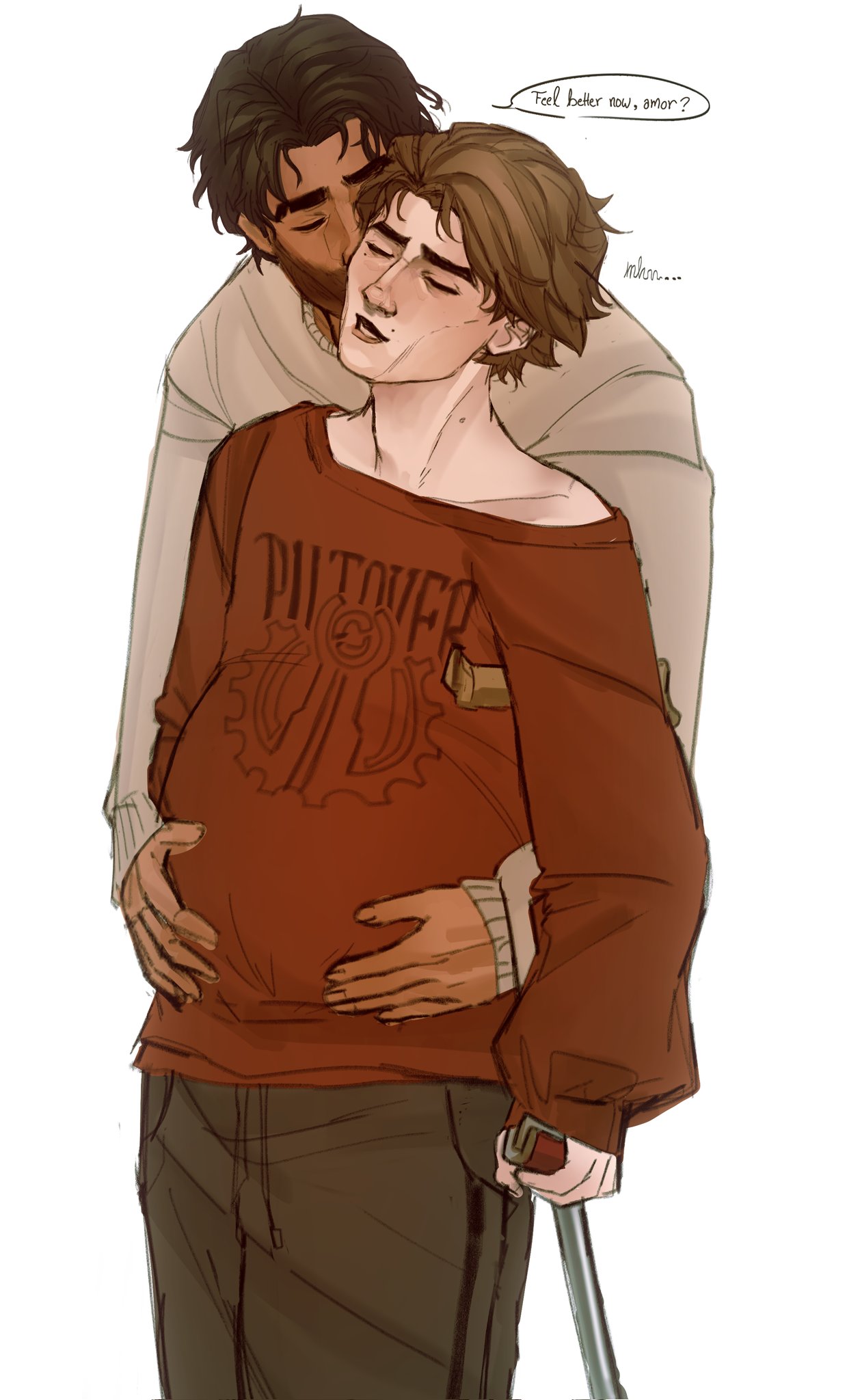 2boys, 2d, 2d (artwork), arcane, arcane jayce, arcane viktor, beard, bearded, belly worship, big belly, bigger male, black hair, breasts, brown hair, cane, closed eyes, clothed male, color, colored, cuddling, dark skin, dark-skinned male, digital media (artwork), disabled male, femboy, feminine male, feminization, fully clothed, gay, hand on belly, hand on stomach, holding, holding belly, intersex, jayce, jayce talis, jayvik, kissing, kissing neck, league of legends, light skin, light-skinned male, male, male only, male pregnancy, male/male, masculine gay, masculine male, masculine man, mole, mole above mouth, mole under eye, mpreg, no penetration, no sex, pale skin, pale-skinned male, pregnancy, pregnant, pregnant belly, romantic, romantic ambiance, romantic couple, shirt, sigh, size difference, skinny male, smaller male, snuggling, soft, standing, tan skin, twink, viktor (league of legends), yaoi