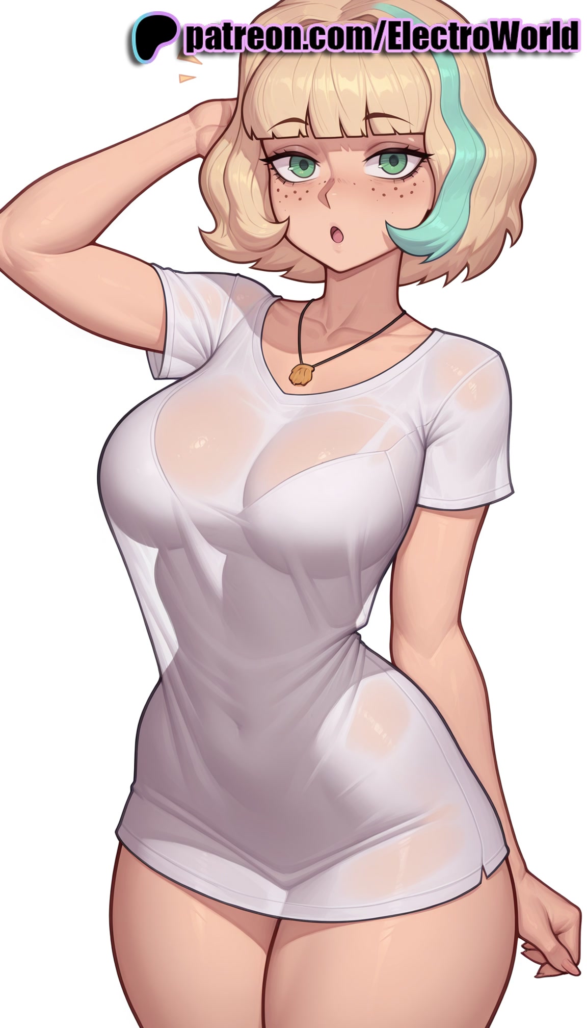 1girls, 2025, ai generated, artist name, bikini, black bikini, blonde hair, bra visible through clothes, breasts, bust, chest, disney, electroworld, female, green eyes, hi res, high quality, high resolution, highres, jackie lynn thomas, jewelry, necklace, open mouth, patreon, patreon username, see-through, shirt, short hair, solo, stable diffusion, star vs the forces of evil, swimsuit, watermark, wet, wet clothes, wet shirt, white shirt